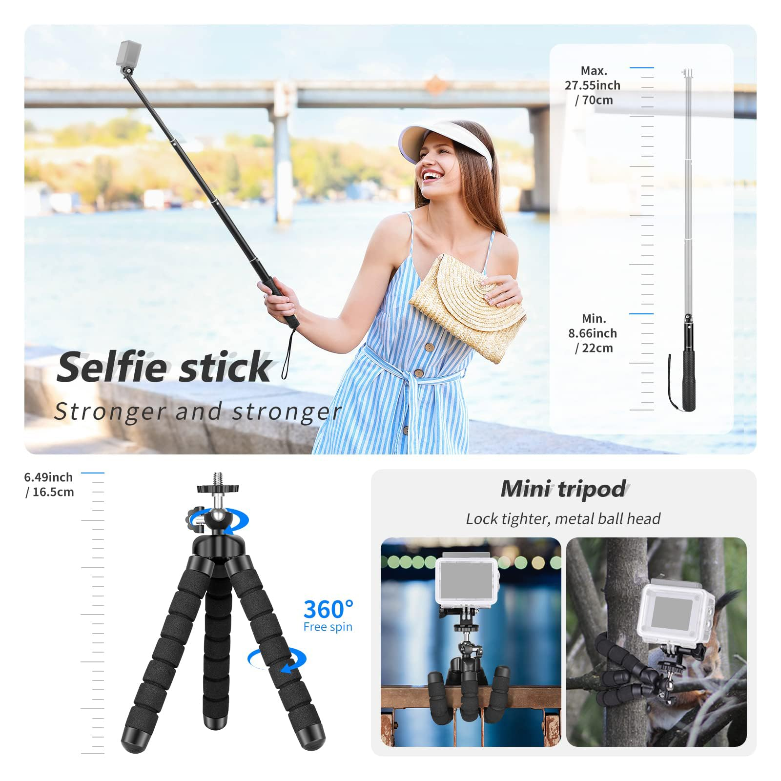 Produktwerbung für einen Selfie-Stick und ein Mini-Stativ mit einer Frau und Einsatzbeispielen.