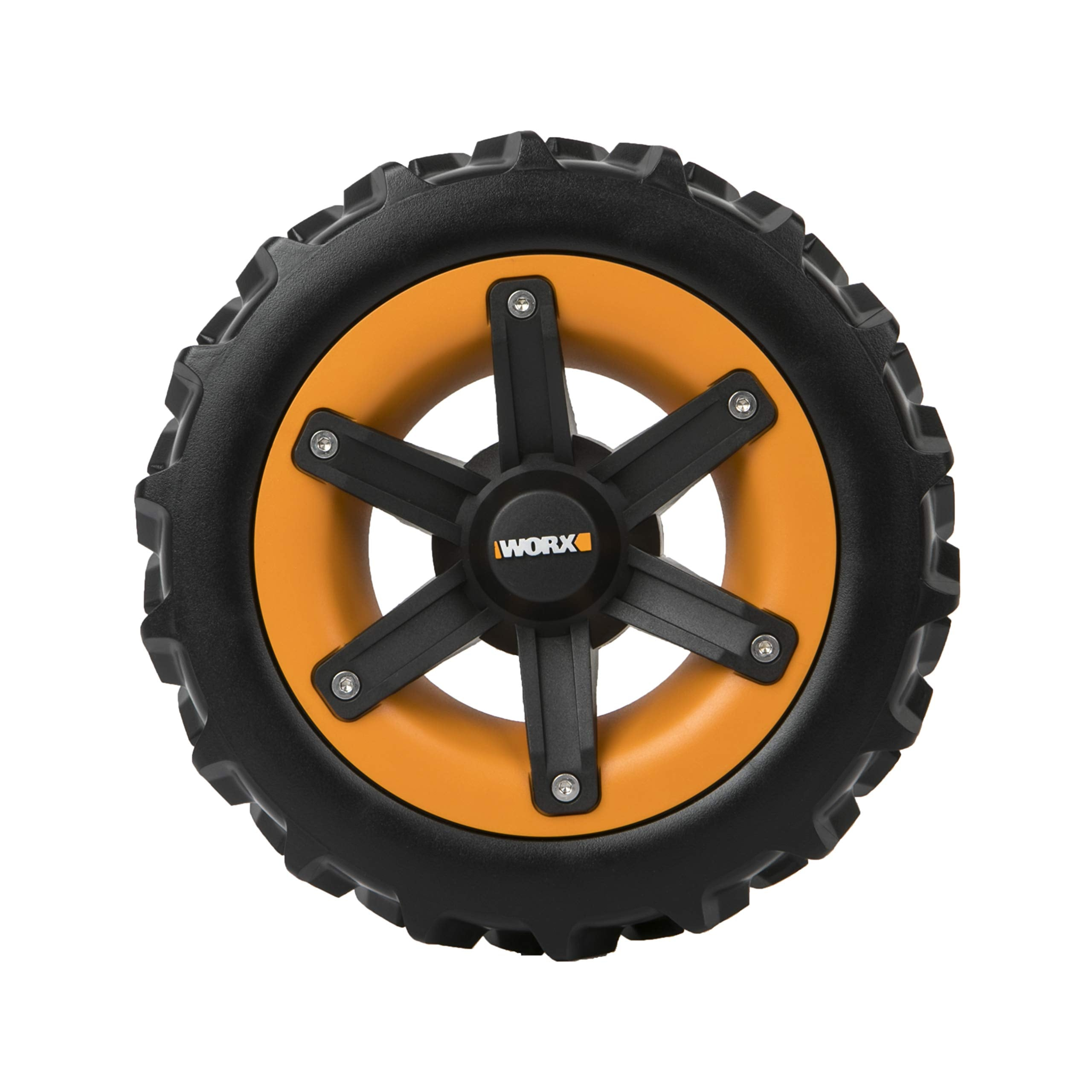 Ein schwarzes Offroad-Rad mit dickem Profil, orangefarbener Felge und schwarzer Sechsspeichen-Nabe mit Worx-Logo.
