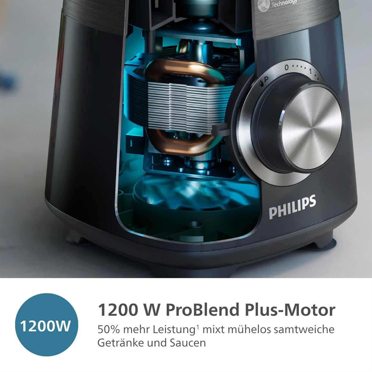 Sezione trasversale di un frullatore Philips che mostra il motore da 1200W con illuminazione blu e manopola argentata.