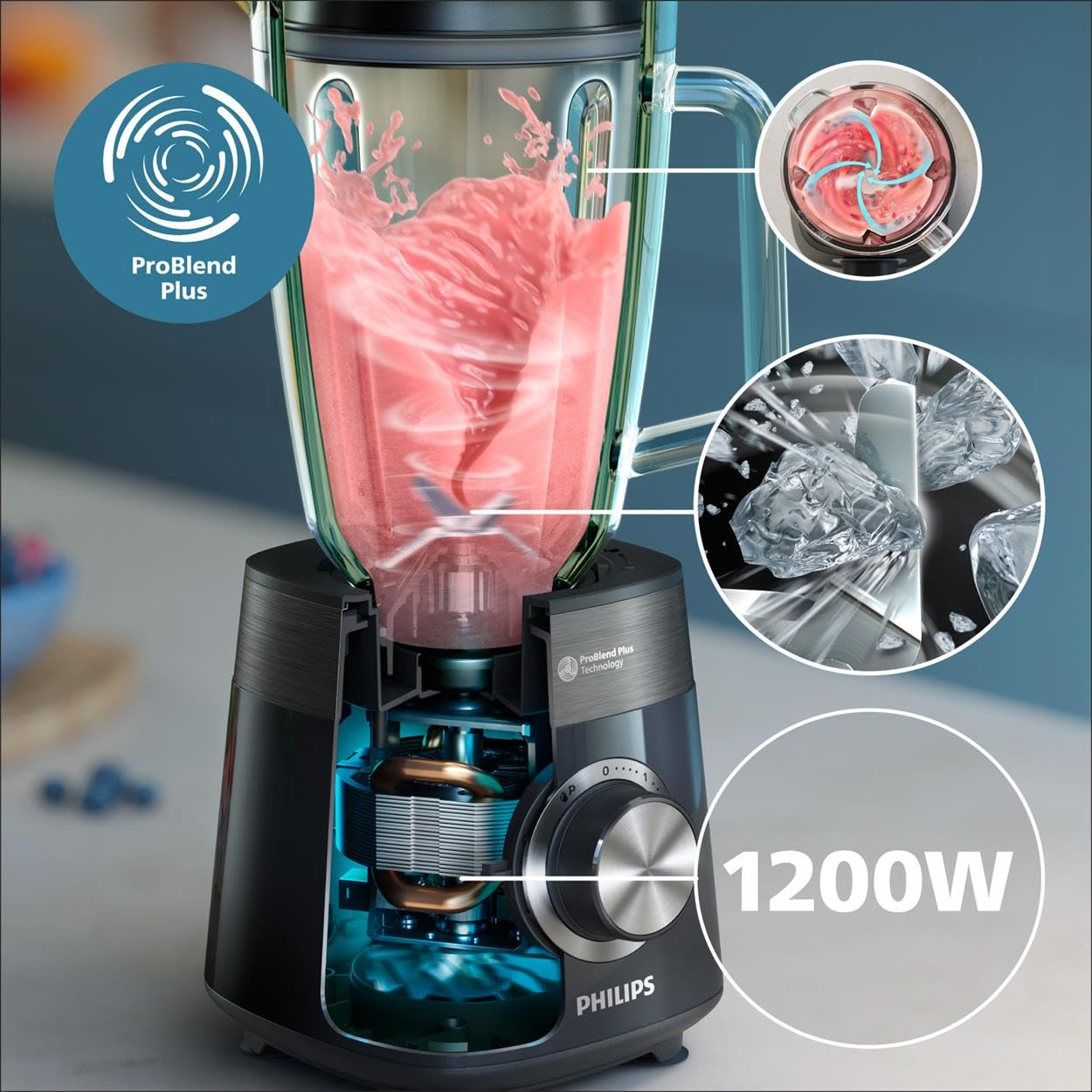 Vista in sezione di un frullatore Philips 1200W con smoothie, lame e motore.