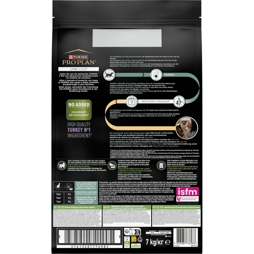 Rückseite einer Purina Pro Plan Katzenfutterverpackung mit Text, Infografiken, Produktinformationen und einem Barcode.