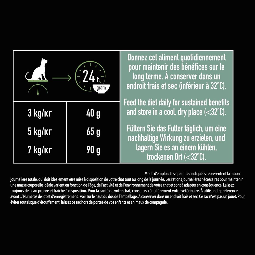 Tabelle mit Fütterungsempfehlungen für Katzen in verschiedenen Sprachen.