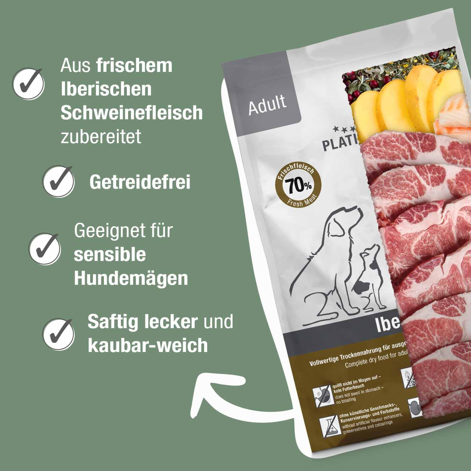 Verpackung von adultem Hundefutter mit Iberischem Schweinefleisch, Kartoffeln und Text auf grünem Hintergrund.