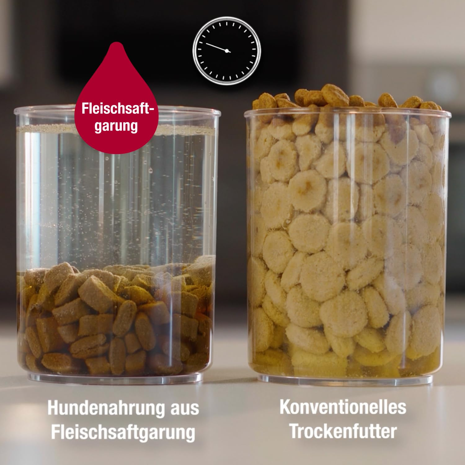 Zwei Messbecher vergleichen Fleischsaftgarung-Hundenahrung in Wasser mit trockenem konventionellem Futter.