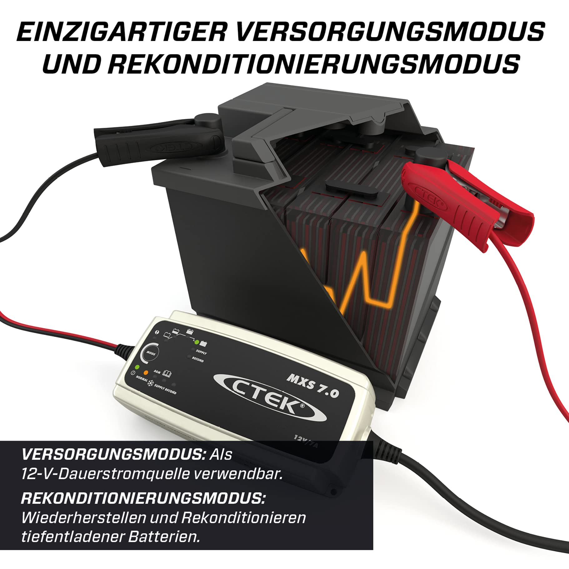 Caricabatterie CTEK MXS 7.0 collegato a una batteria d'auto sezionata, con morsetti rosso e nero.