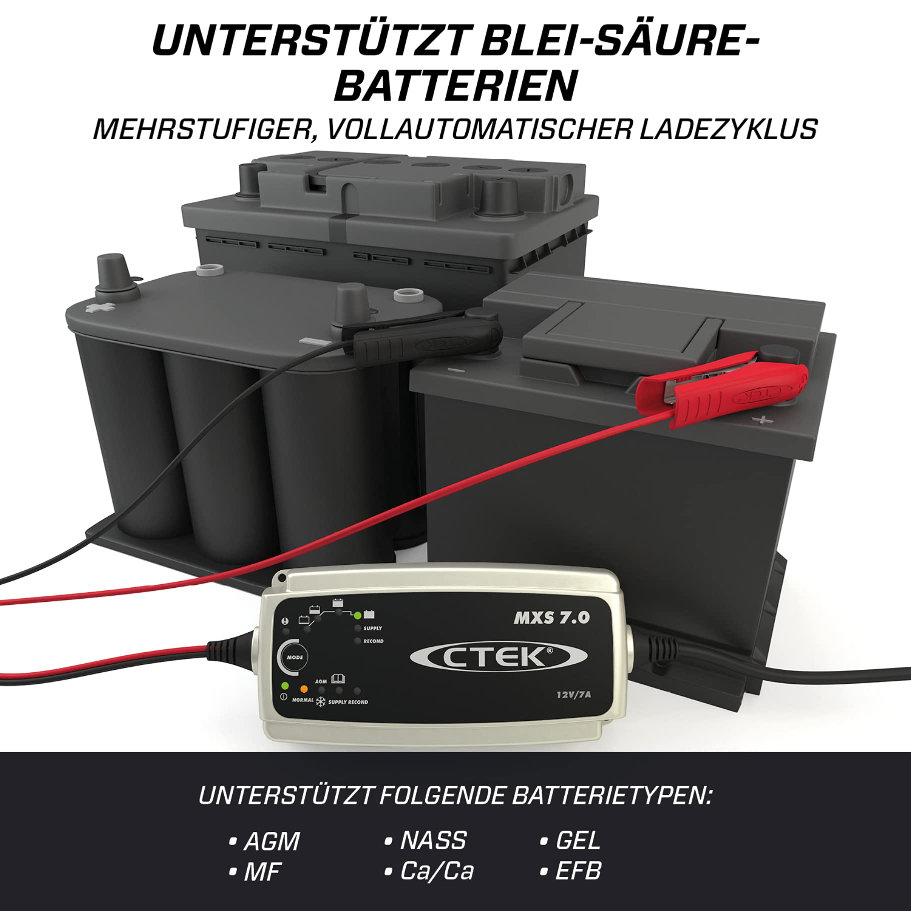 Caricabatterie CTEK MXS 7.0 collegato a tre batterie per auto grigie, con testo descrittivo.