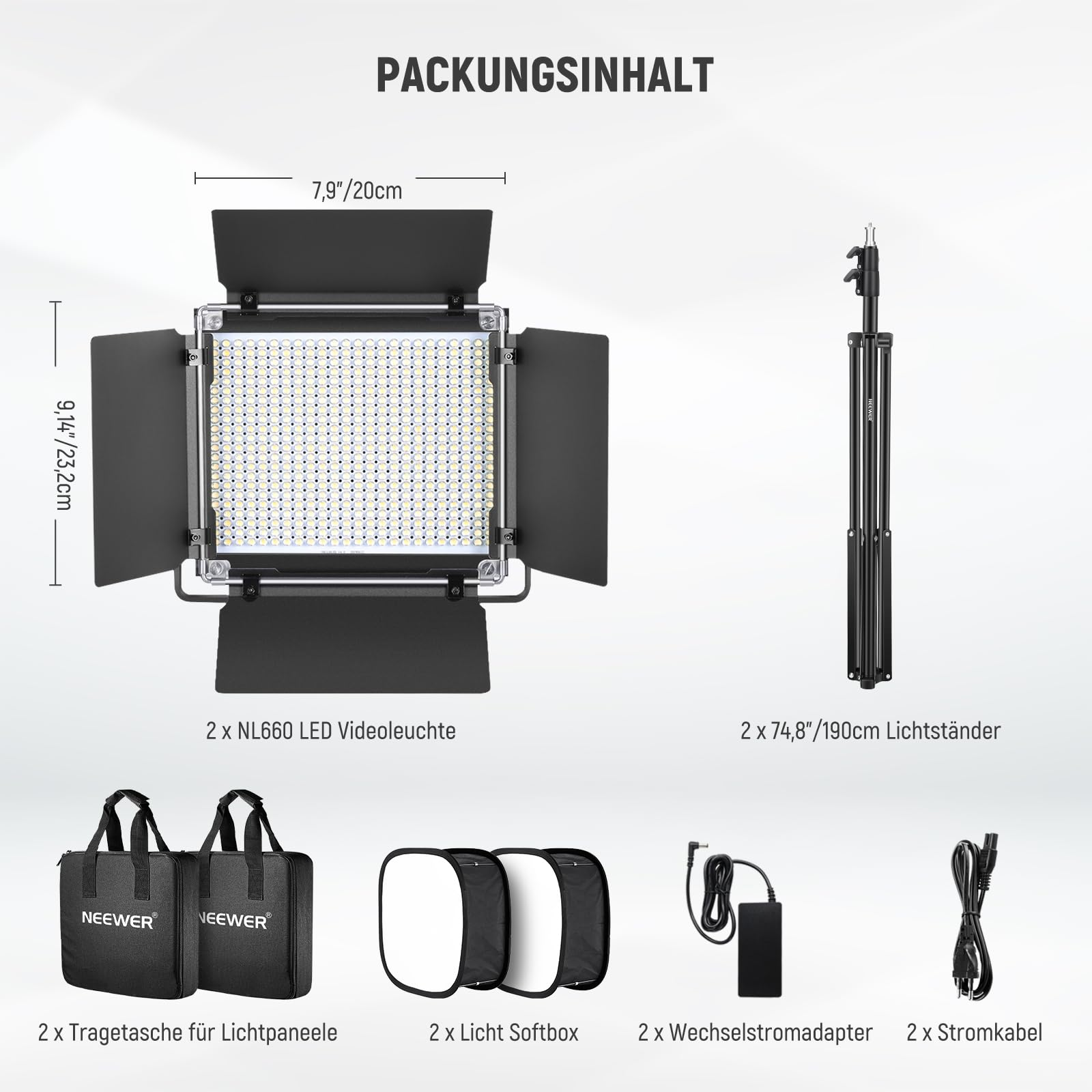 Contenu du pack montrant deux lampes LED, des pieds, des sacs, des softboxes et des câbles.