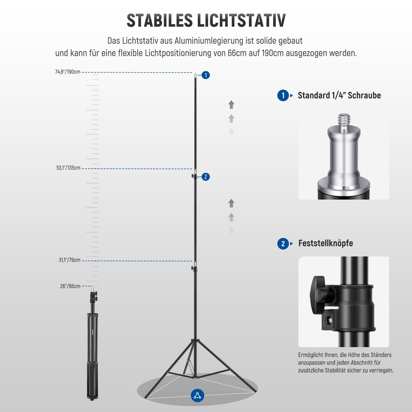 Schéma d'un pied de lumière stable avec repères de hauteur, vis 1/4" et boutons.