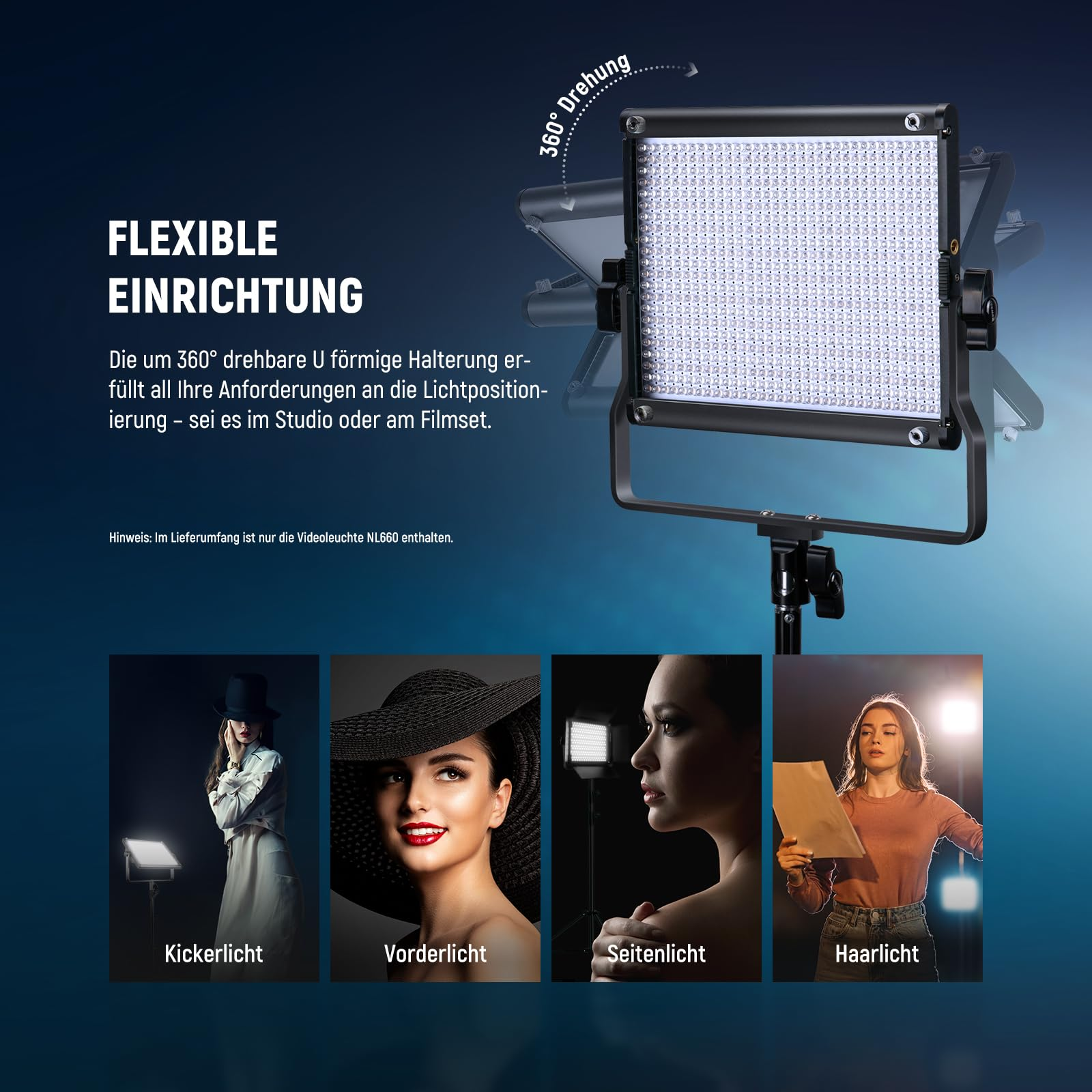 Panneau LED avec support en U et quatre exemples d'application.