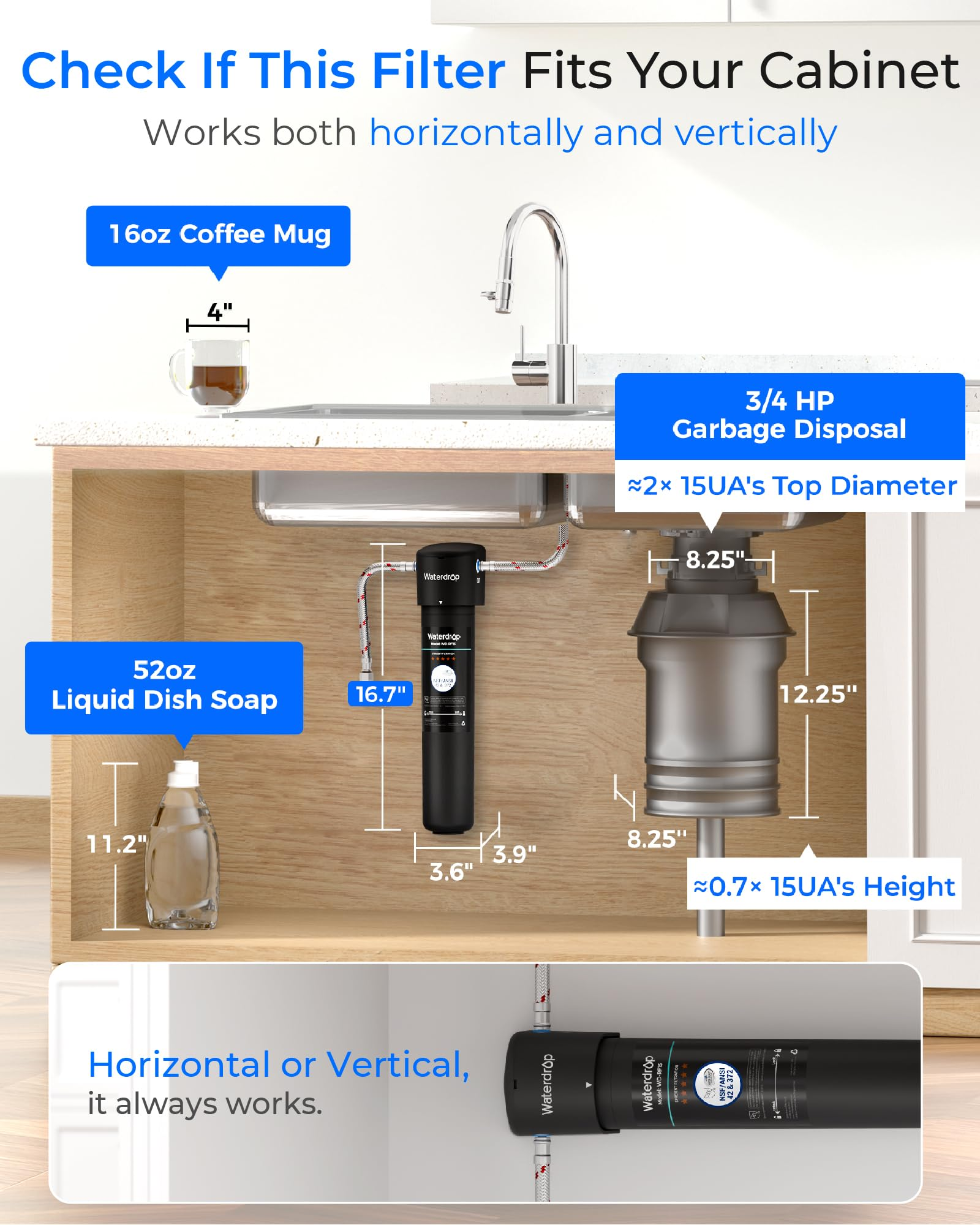 Diagramm zeigt Untertisch-Wasserfilter Maße neben Müllschlucker und Spülmittel, mit Maßangaben.