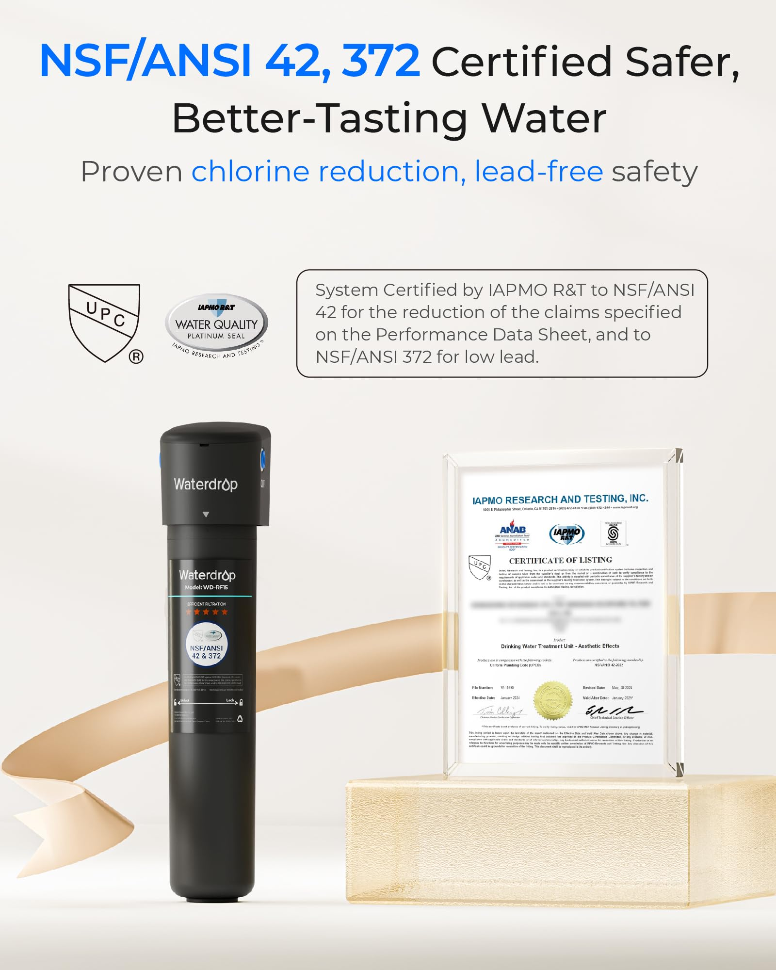 Zertifizierter Wasserfilter mit UPC- und IAPMO-Siegel sowie einer offiziellen Zertifizierungsurkunde.