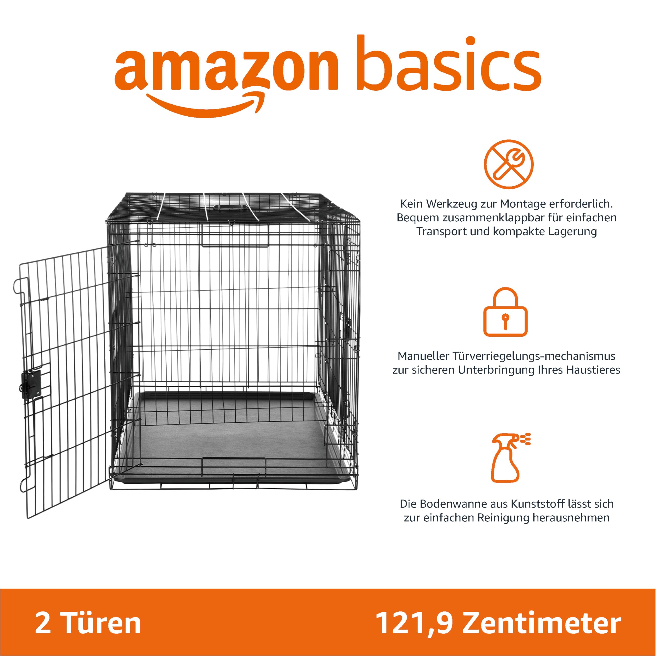 Gabbia per cani in metallo nero Amazon Basics con porta aperta e icone.