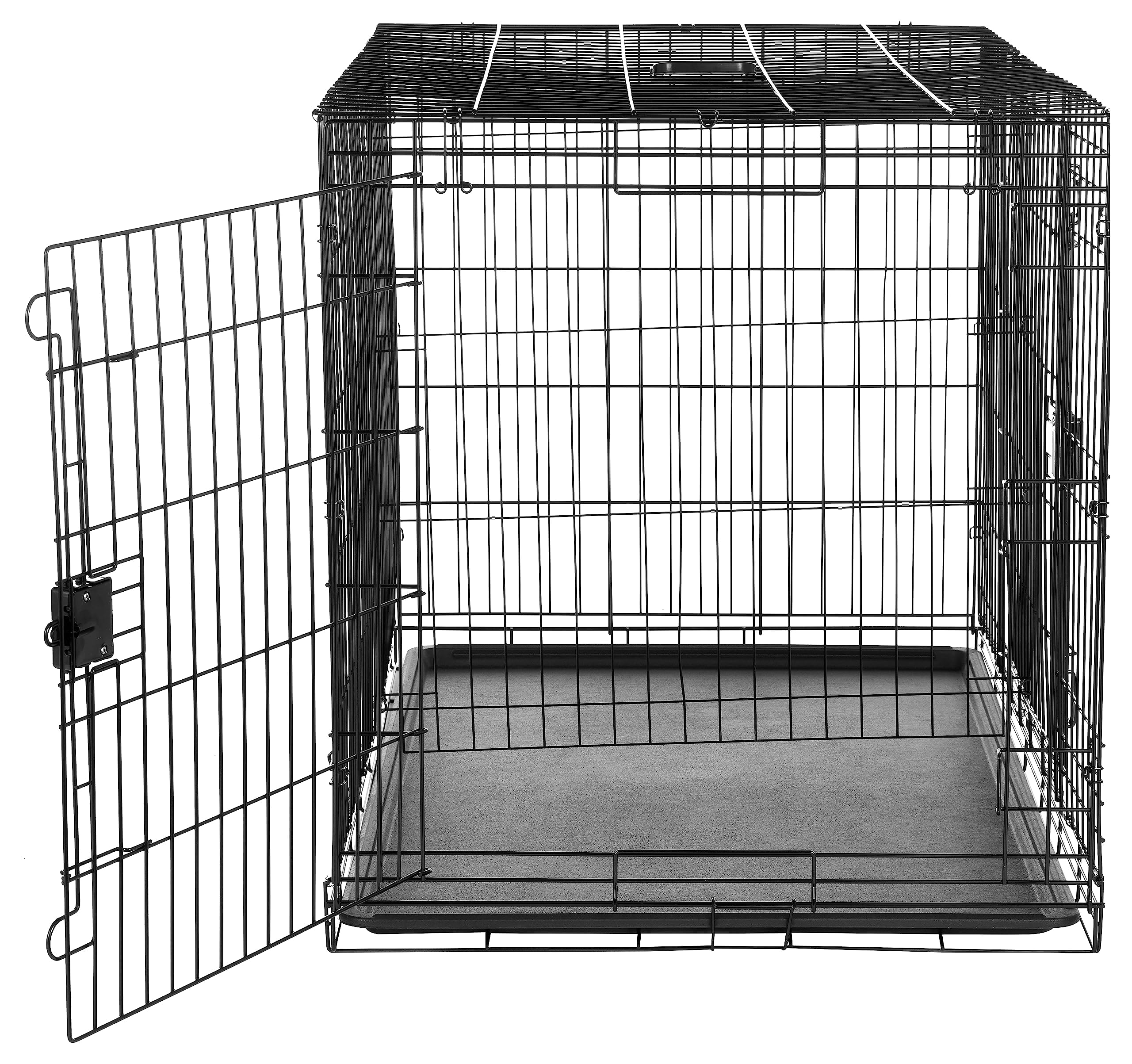 Una gabbia per cani in filo metallico nero con porta aperta e vassoio di plastica estraibile.