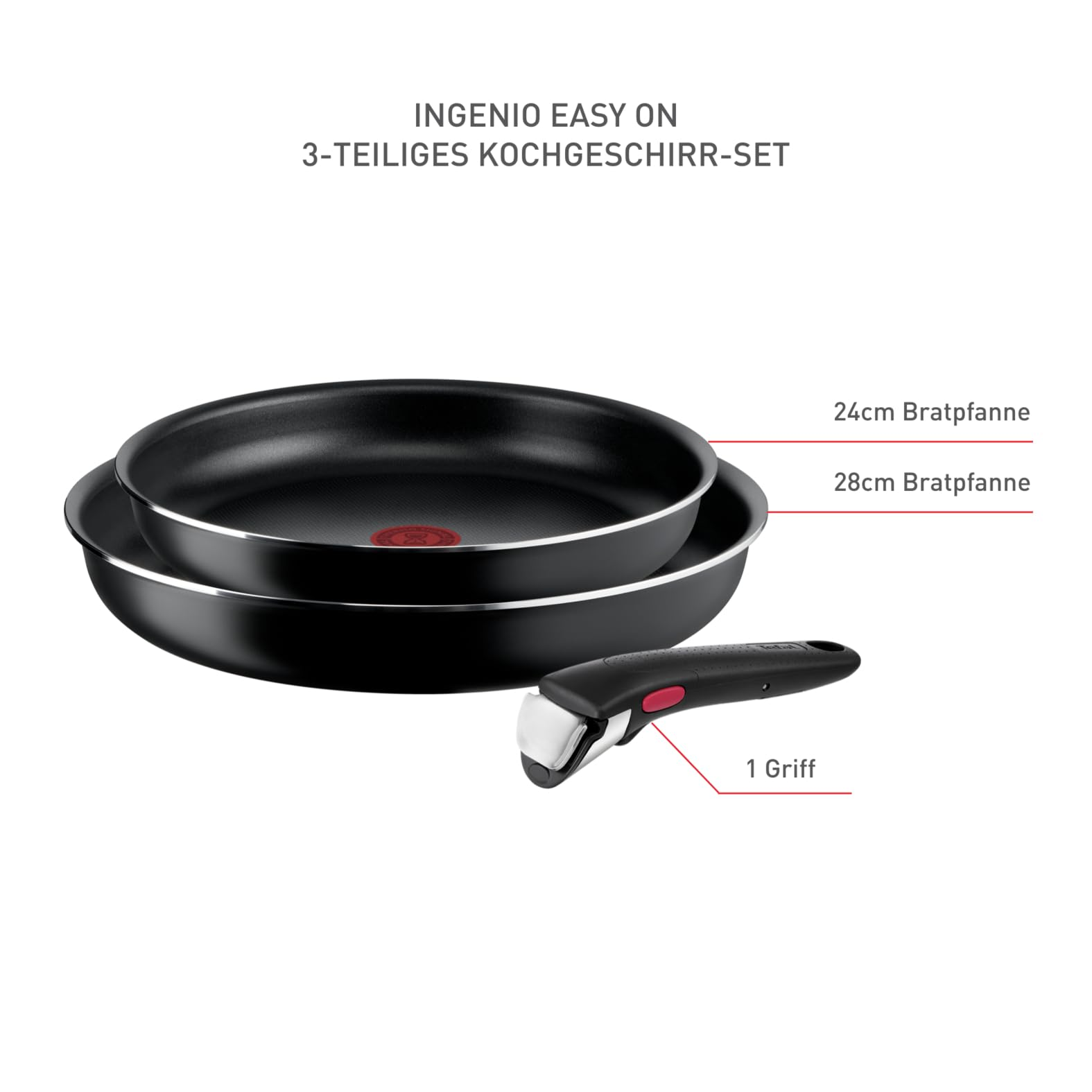 Un set de cuisson Tefal Ingenio de trois pièces avec deux poêles noires (24 cm, 28 cm) et une poignée amovible.