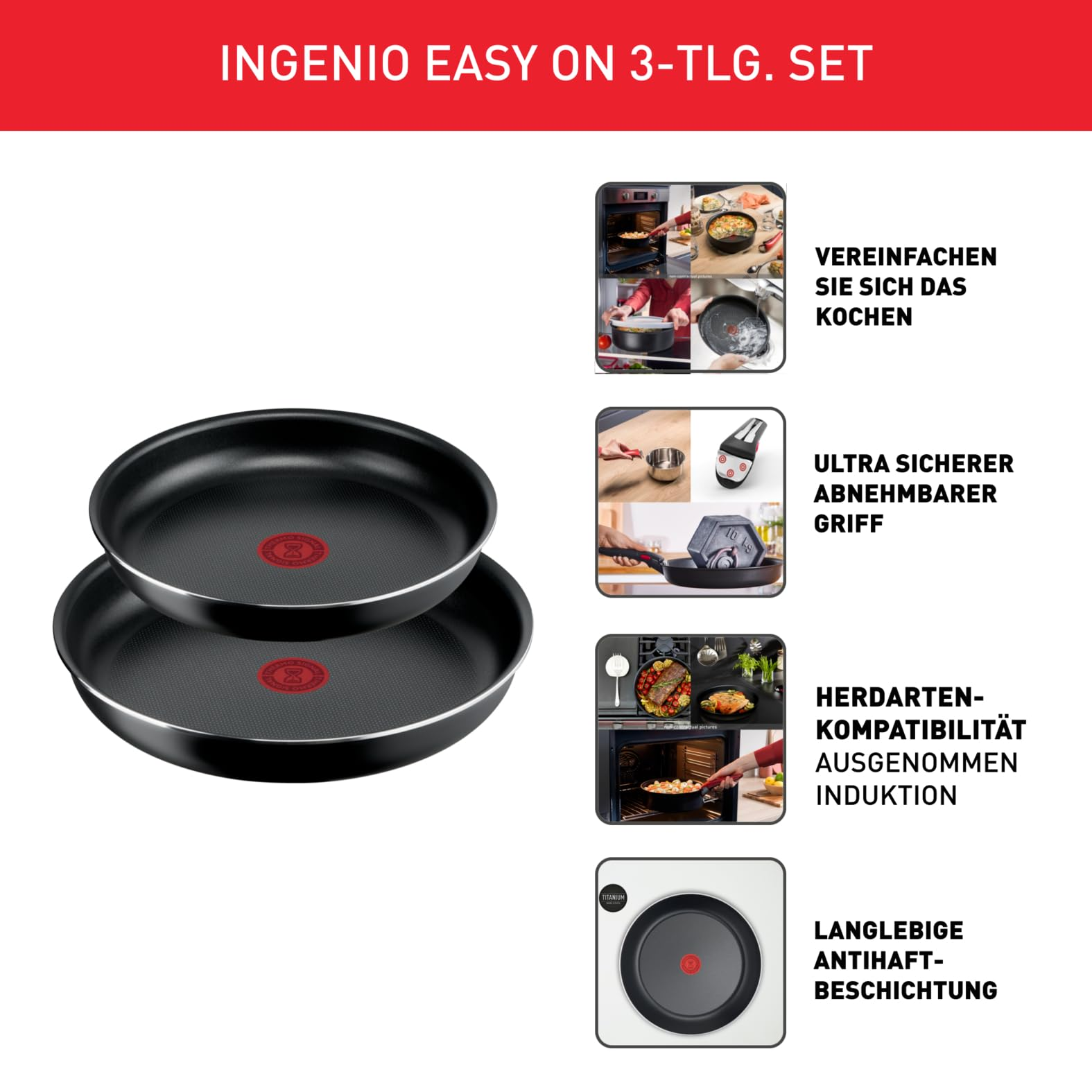 Set de 3 pièces Tefal Ingenio Easy On avec deux poêles noires et quatre infographies d'utilisation.
