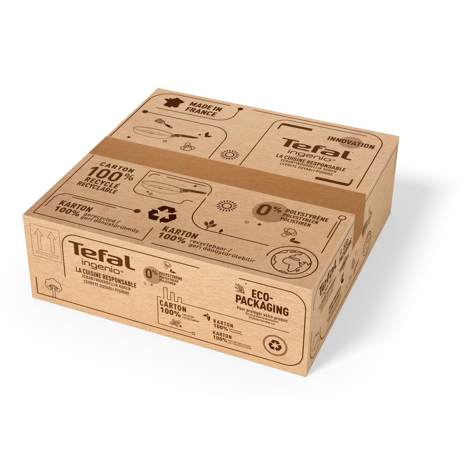 Boîte en carton marron Tefal avec des étiquettes de recyclage et d'éco-emballage sur fond blanc.