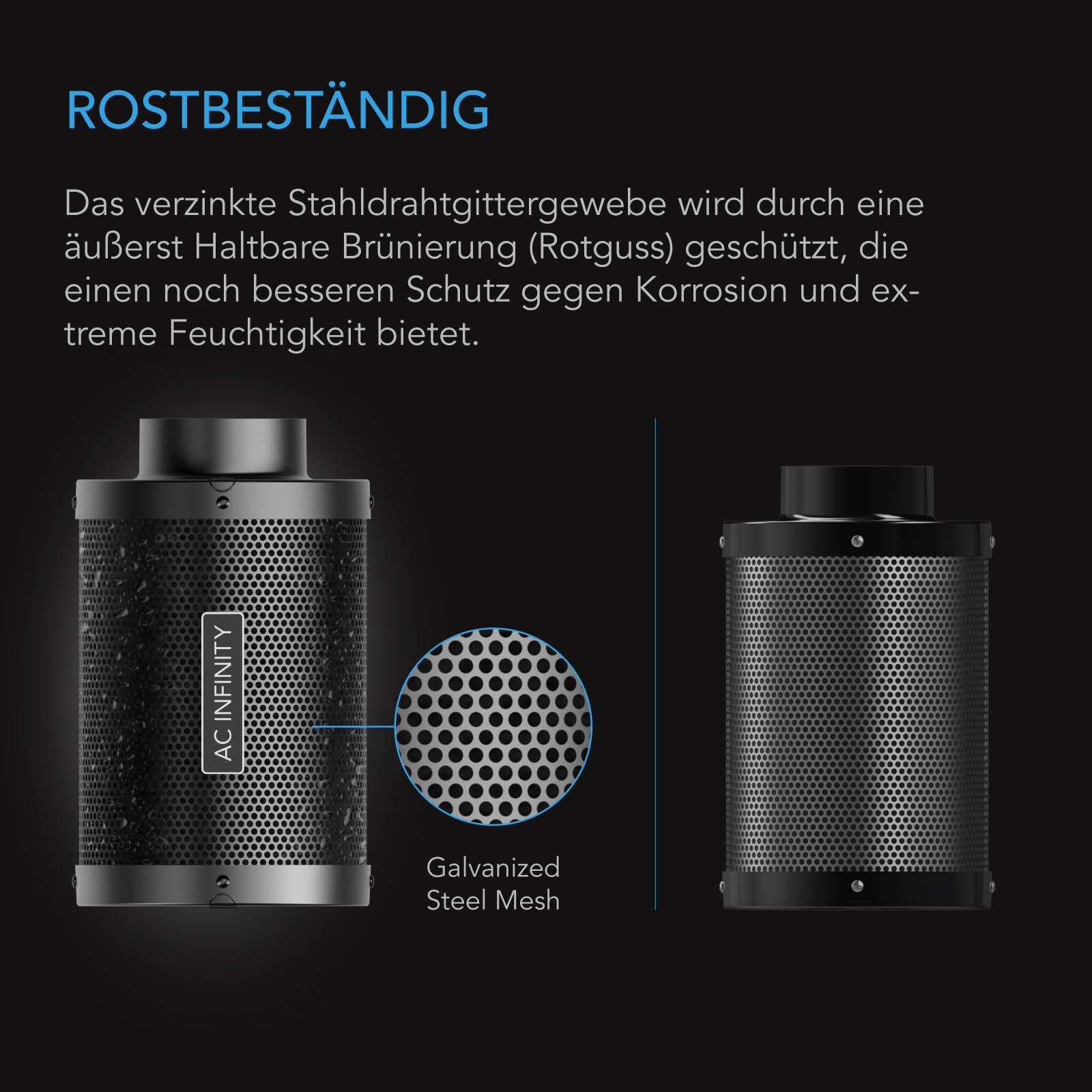 Rostbeständiger Kohlefilter mit verzinktem Stahldrahtgitter und korrosionsbeständiger Beschichtung.
