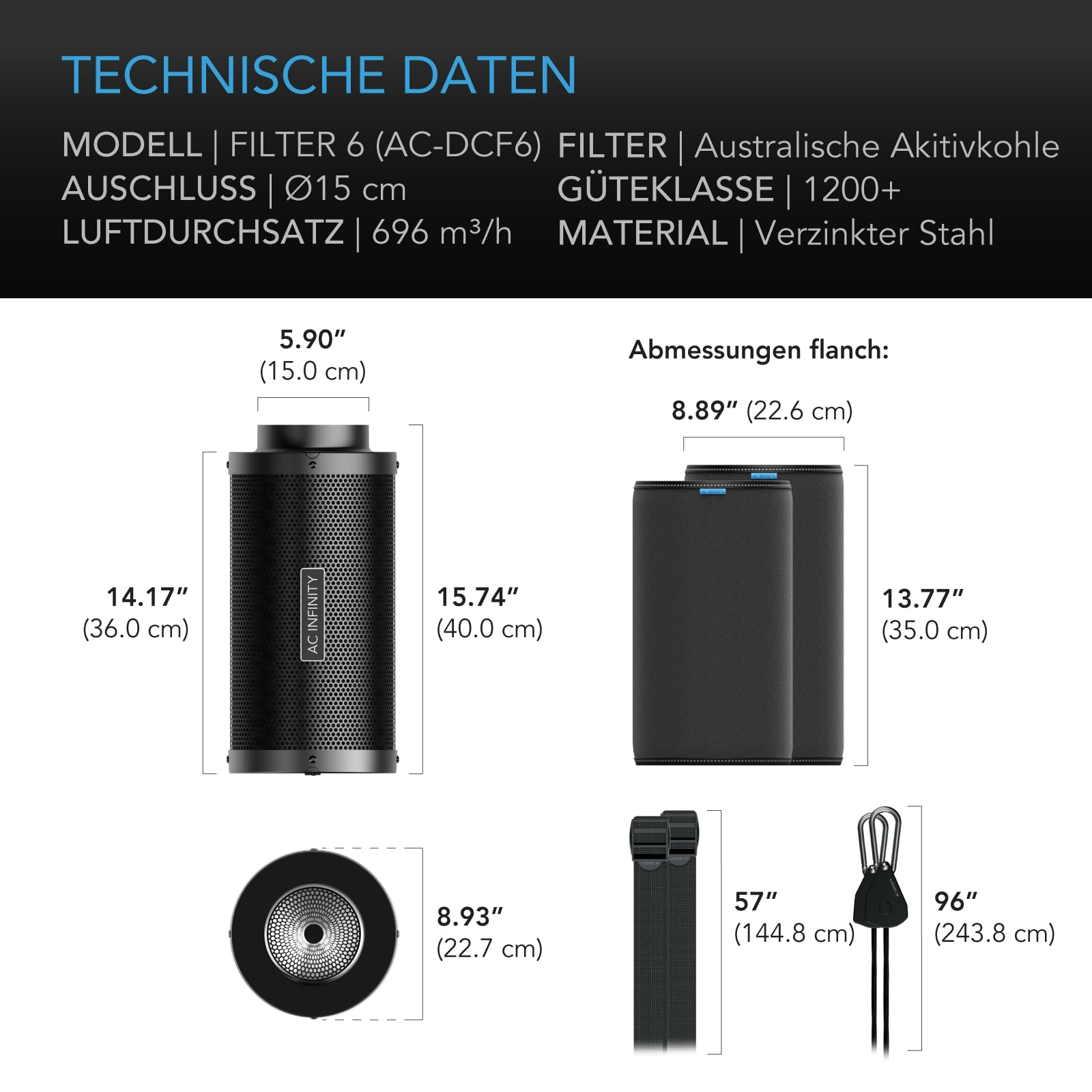 Technische Daten und Maße eines zylindrischen Aktivkohlefilters mit Zubehör.