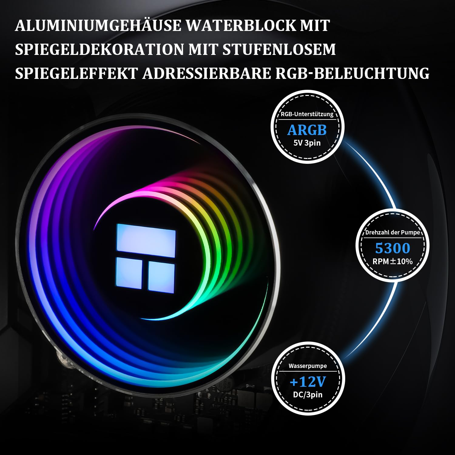 Waterblock avec boîtier en aluminium, éclairage ARGB et effet miroir infini.