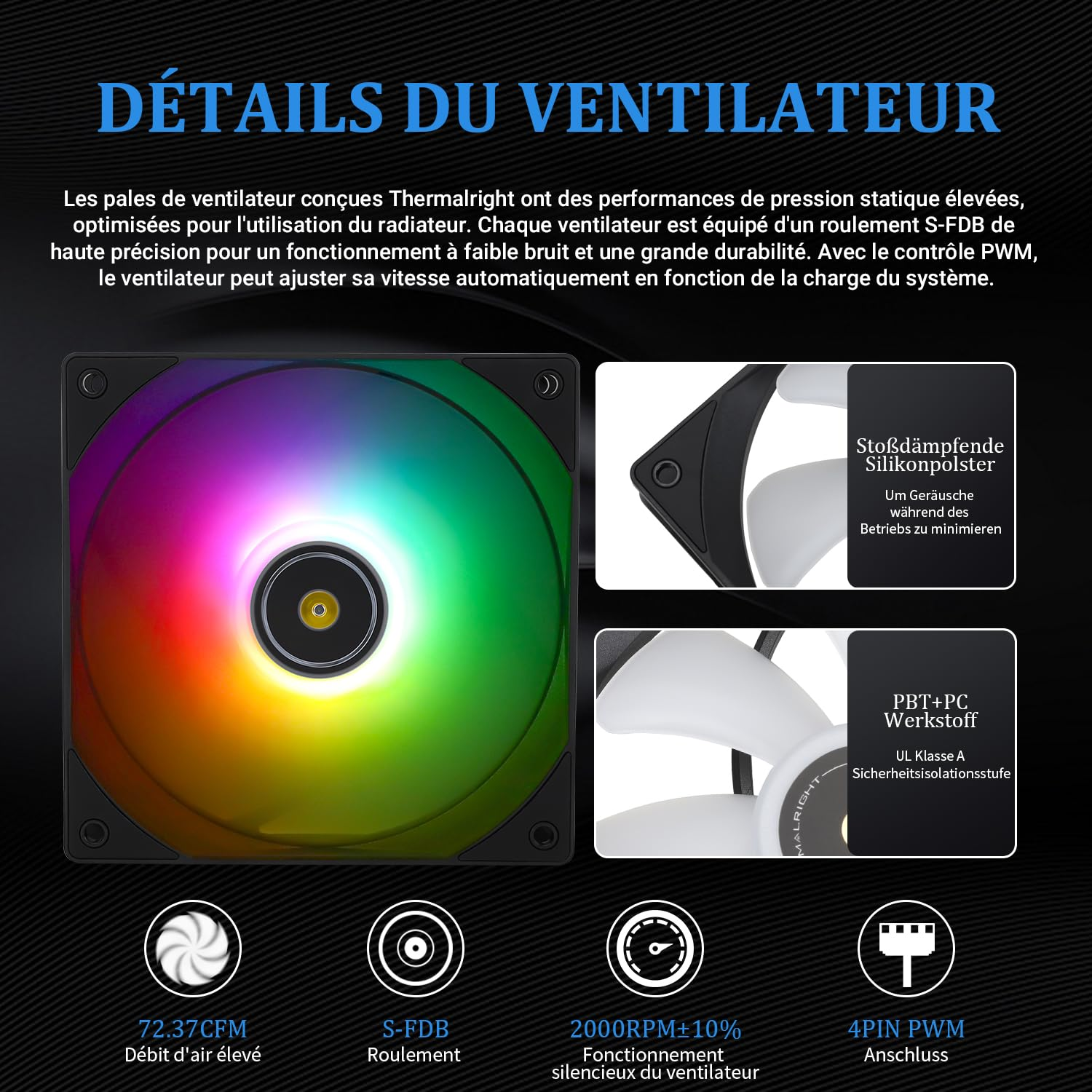 Détails techniques d'un ventilateur RGB avec icônes de débit d'air, roulement, vitesse et PWM.