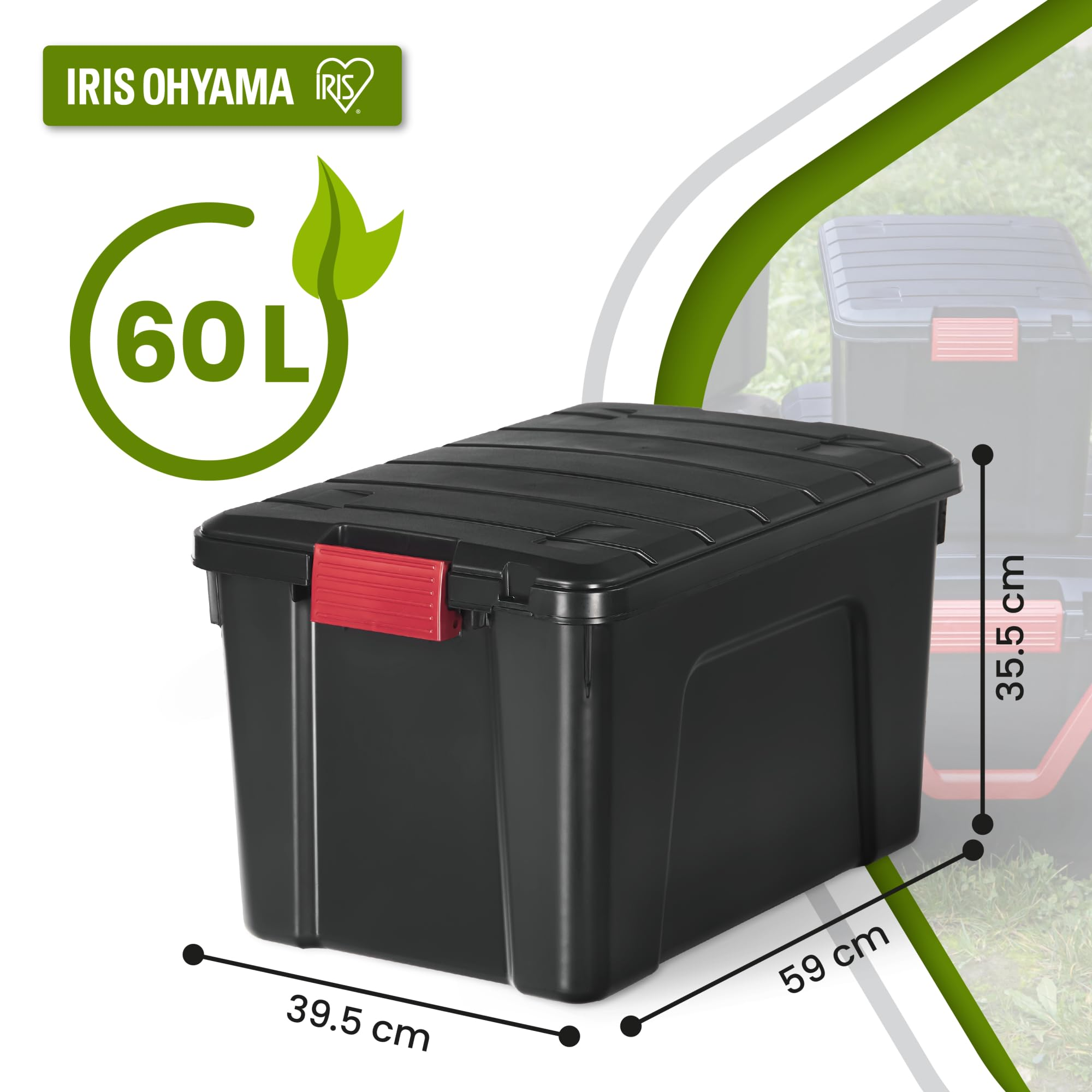 Scatola portaoggetti nera da 60L Iris Ohyama con clip rosse e dimensioni.