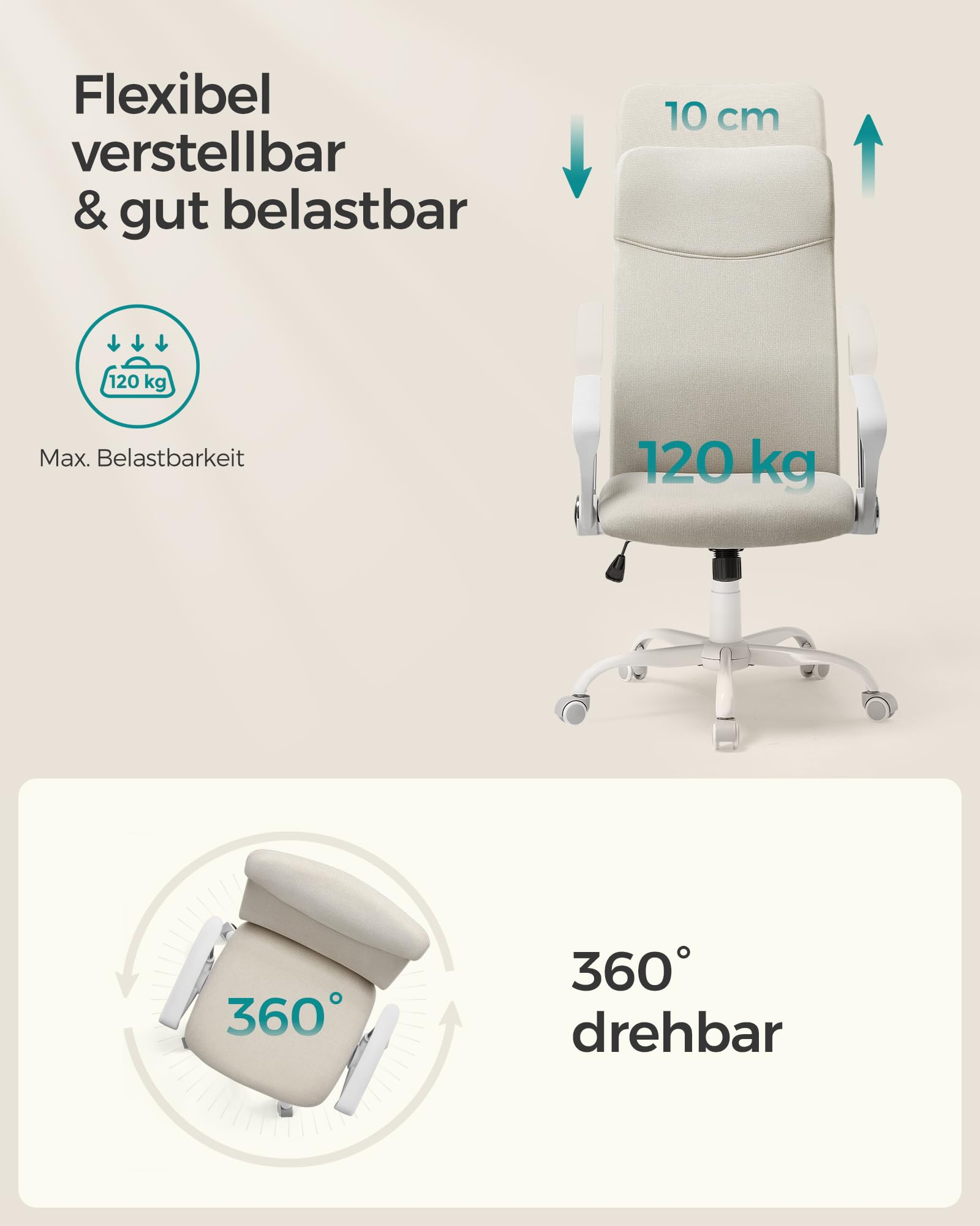 Chaise de bureau beige réglable en hauteur de 10 cm, capacité de 120 kg et rotation à 360 degrés.