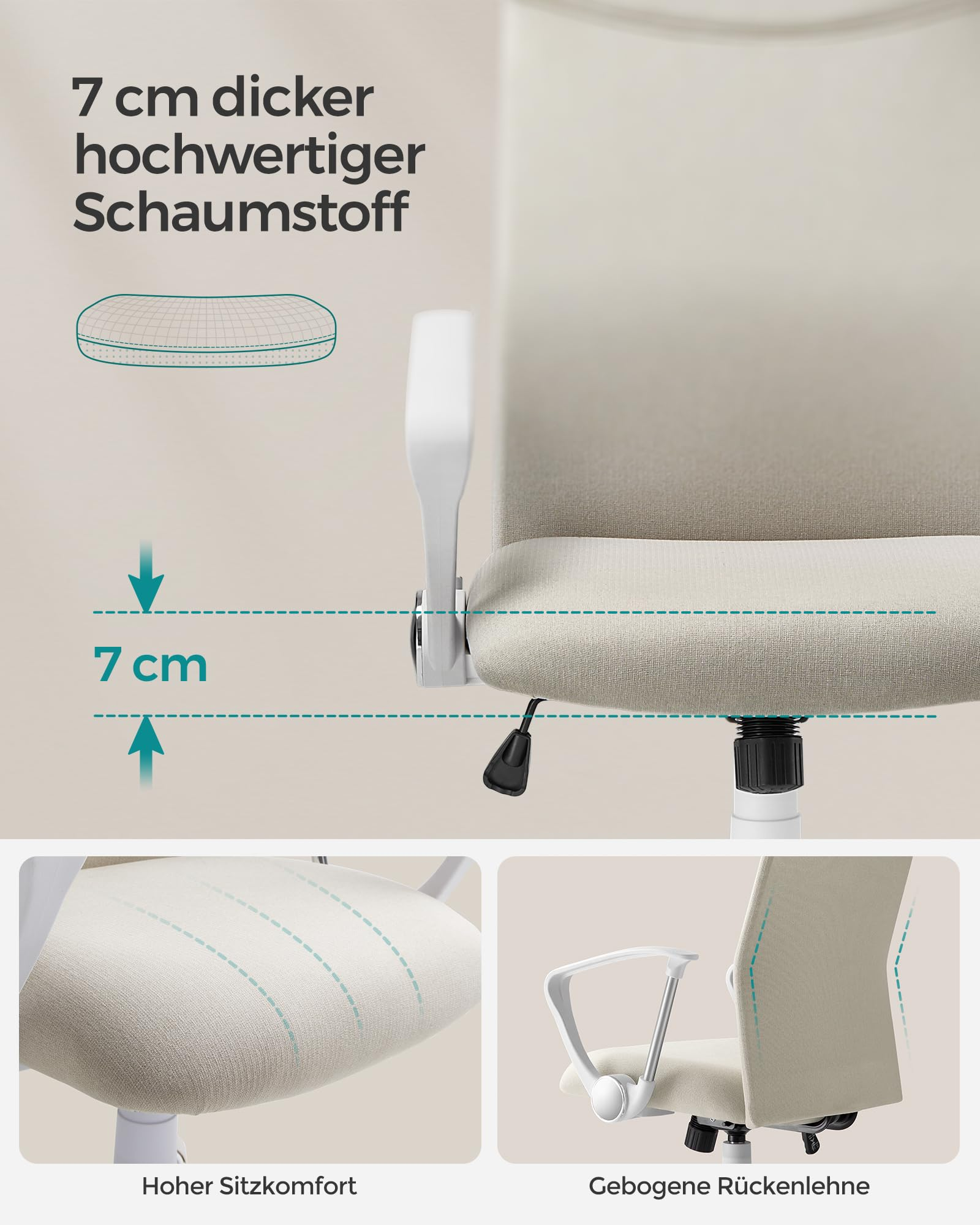 Infographie montrant une assise en mousse de 7 cm d'épaisseur et un dossier incurvé d'une chaise de bureau.