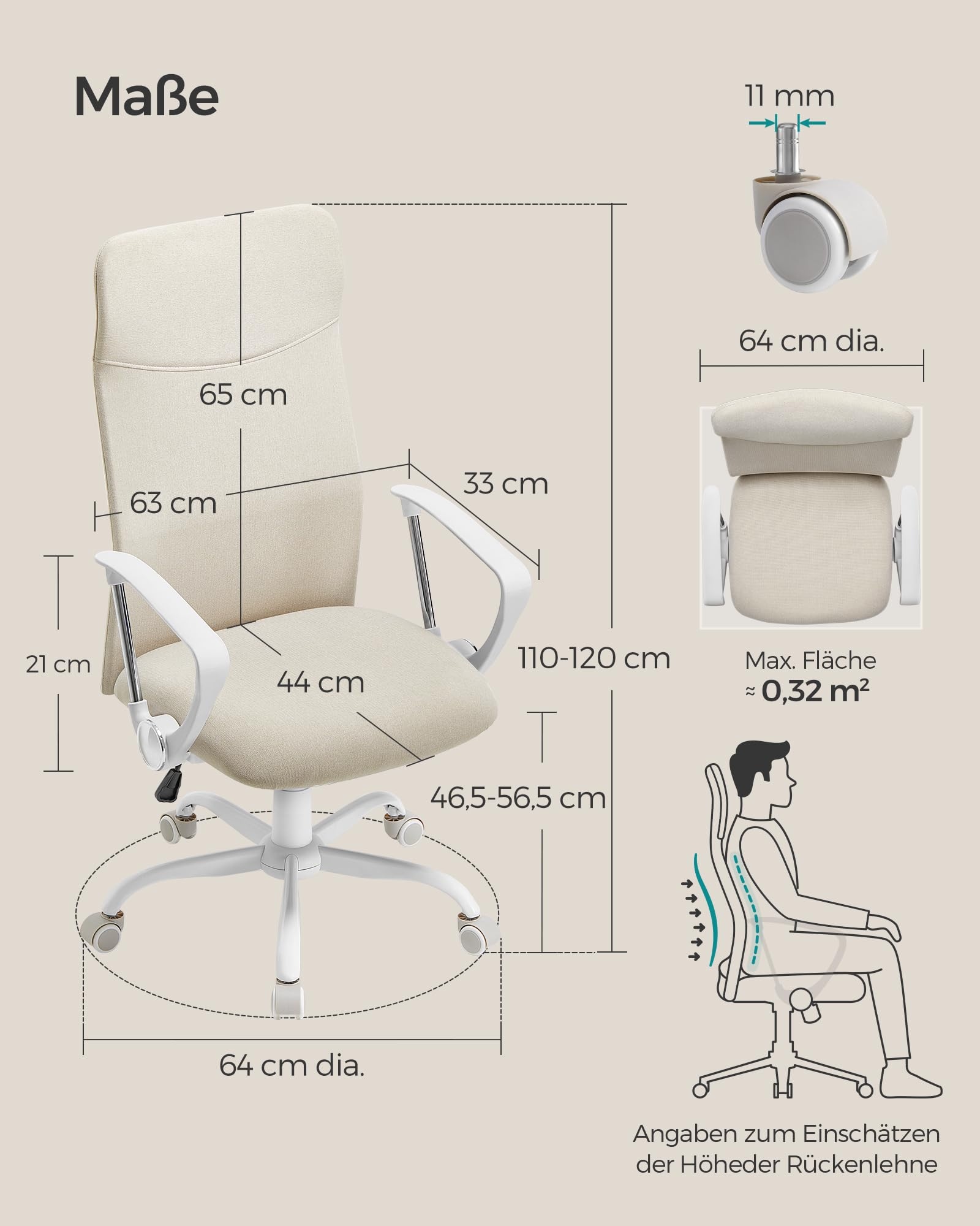 Dessin technique d'une chaise de bureau crème avec des dimensions.