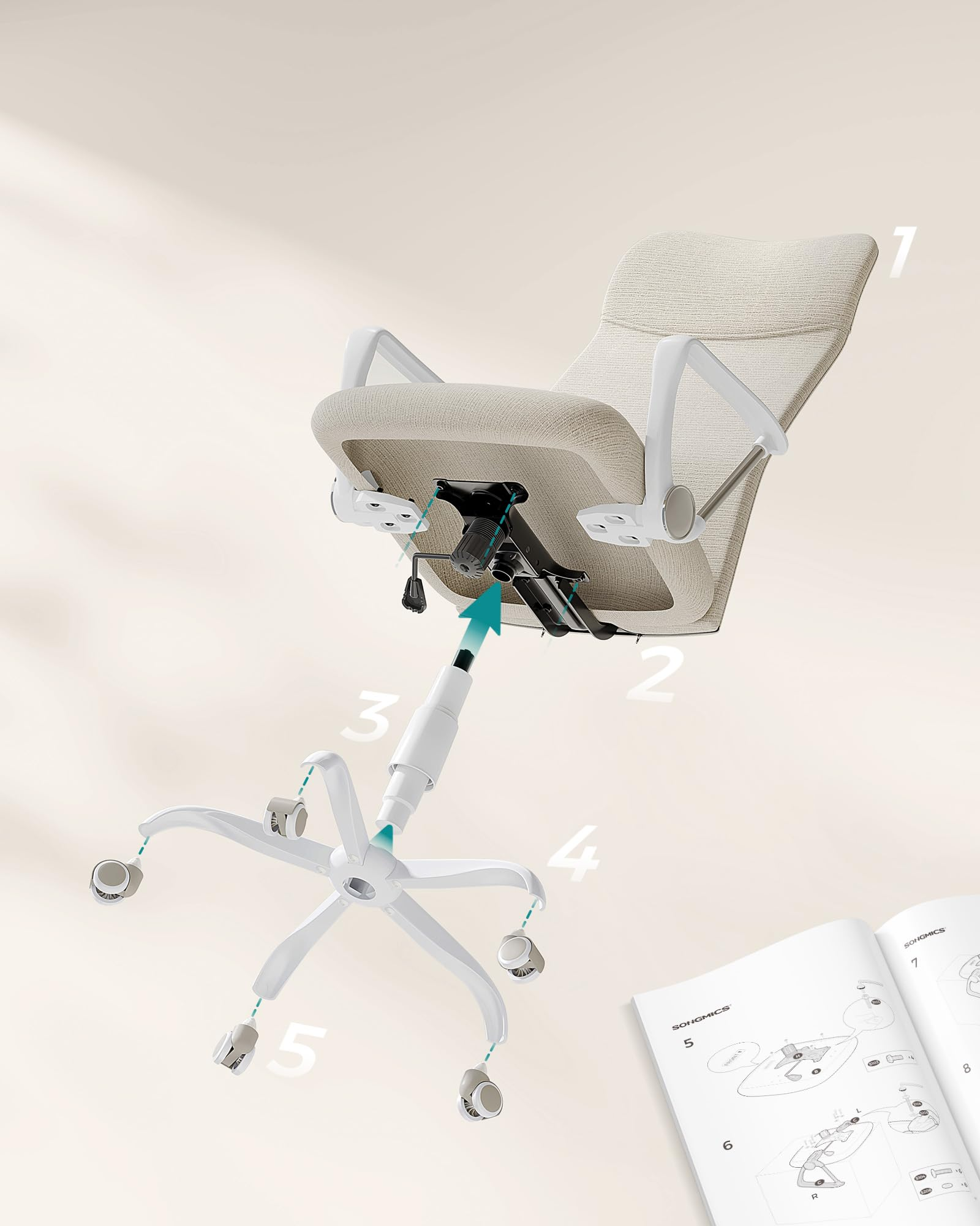 Guide d'assemblage d'une chaise de bureau avec des pièces numérotées et un manuel ouvert.