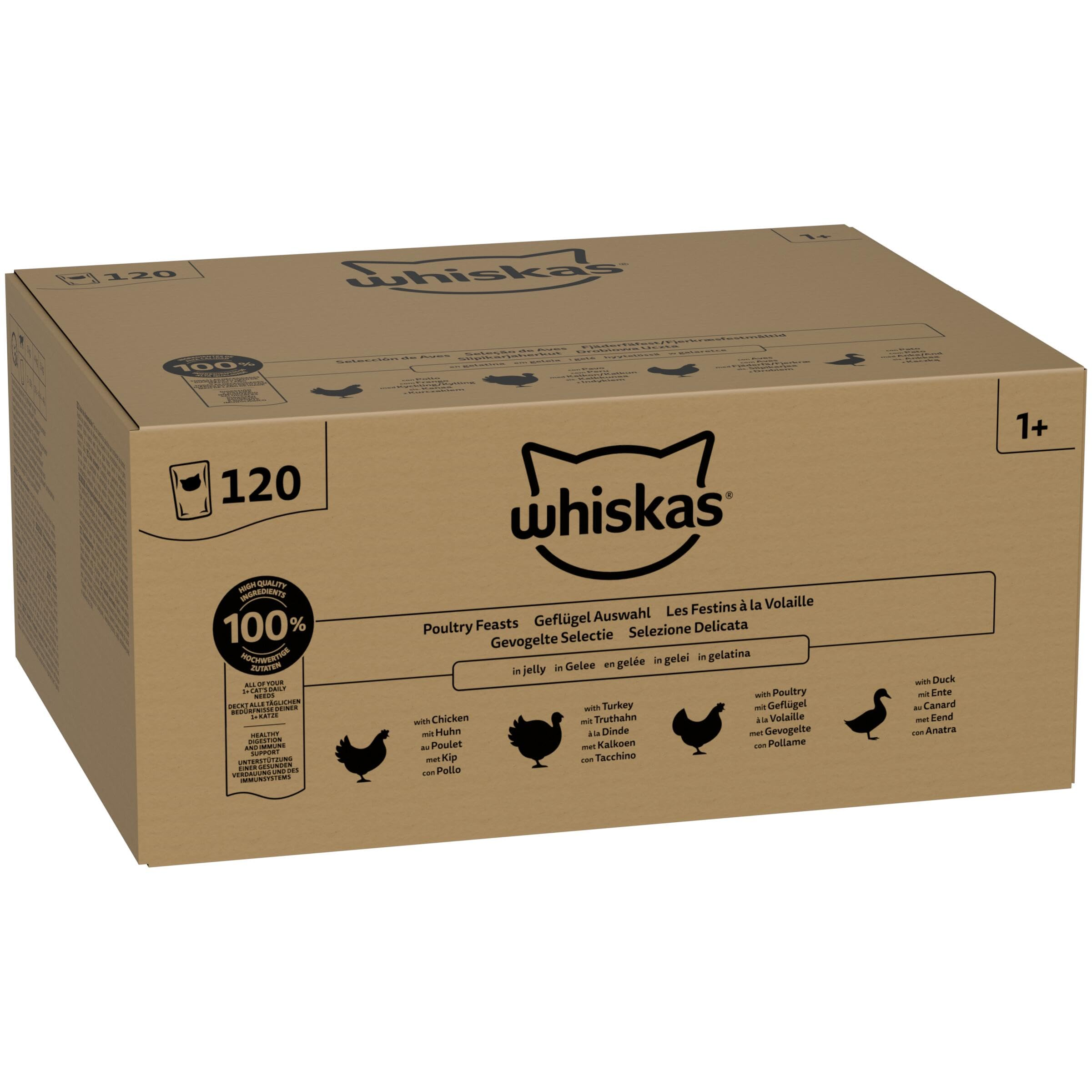Eine Whiskas Katzenfutter-Kartonage mit dem Logo und Texten in mehreren Sprachen auf braunem Grund.