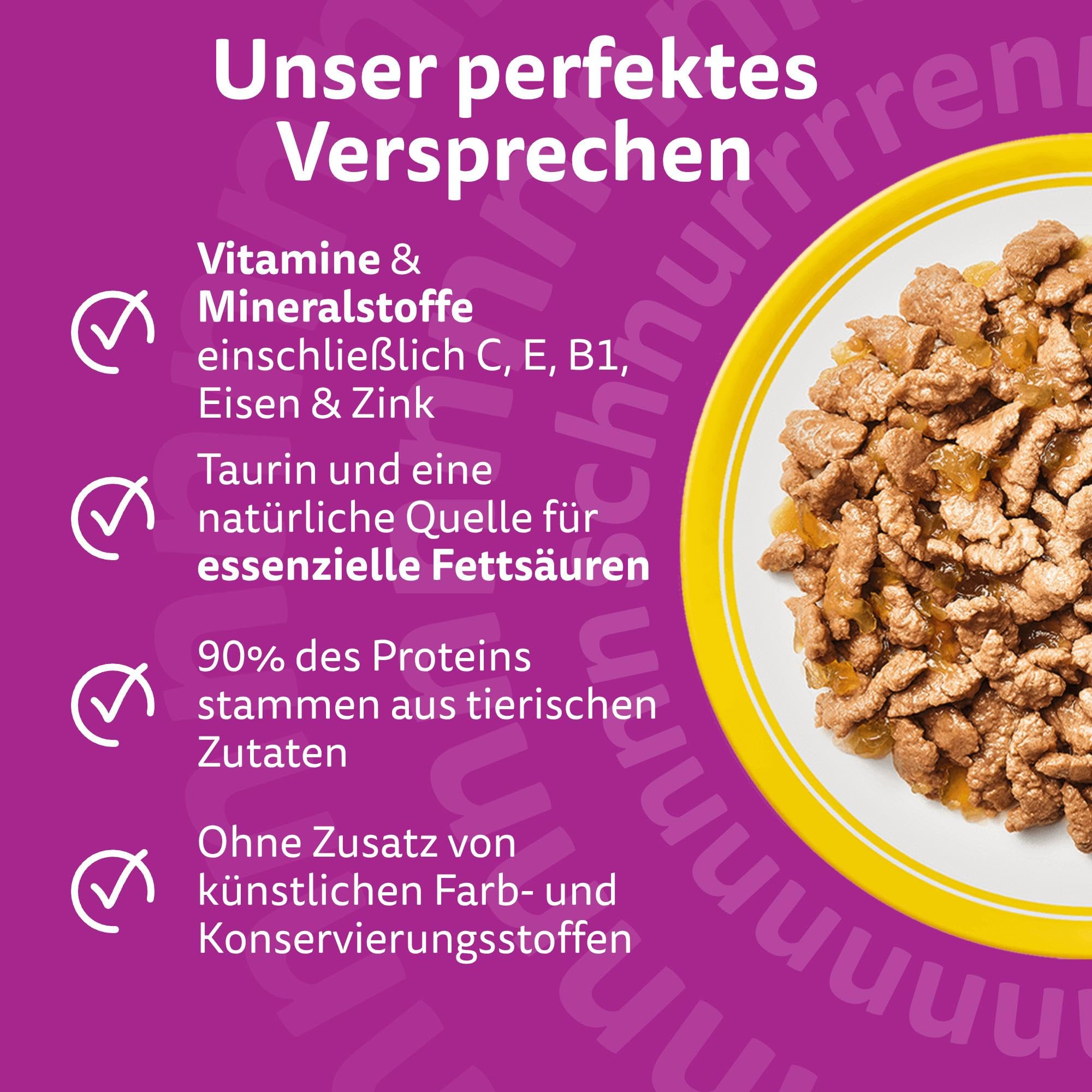 Katzenfutter in Soße auf einem gelben Teller neben violettem Text mit Versprechen.