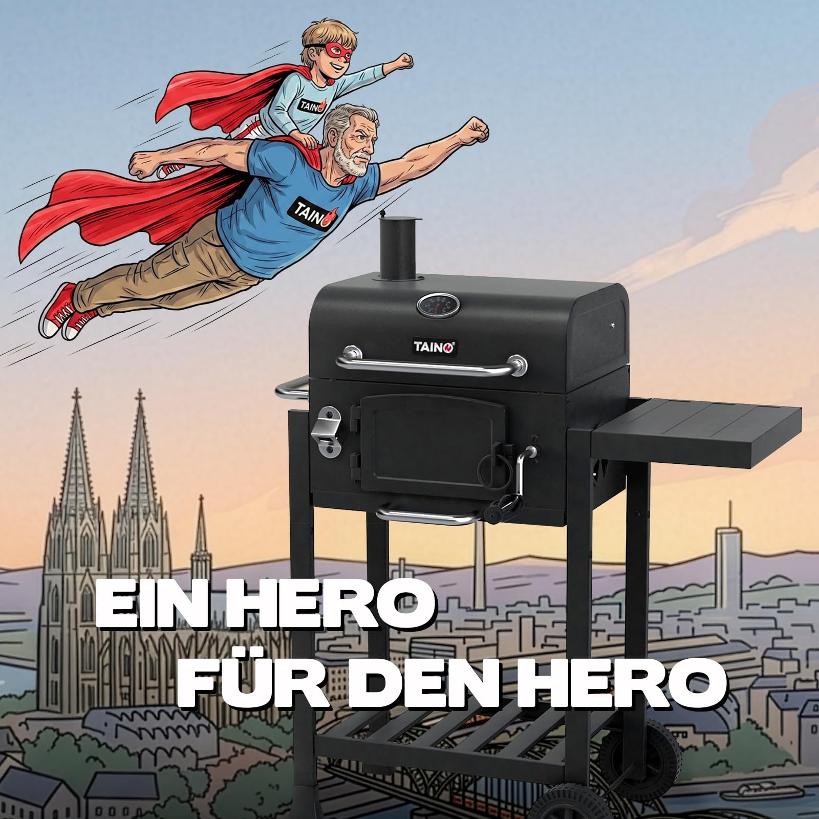 Illustration de super-héros volant au-dessus de Cologne à côté d'un gril TAINO noir.