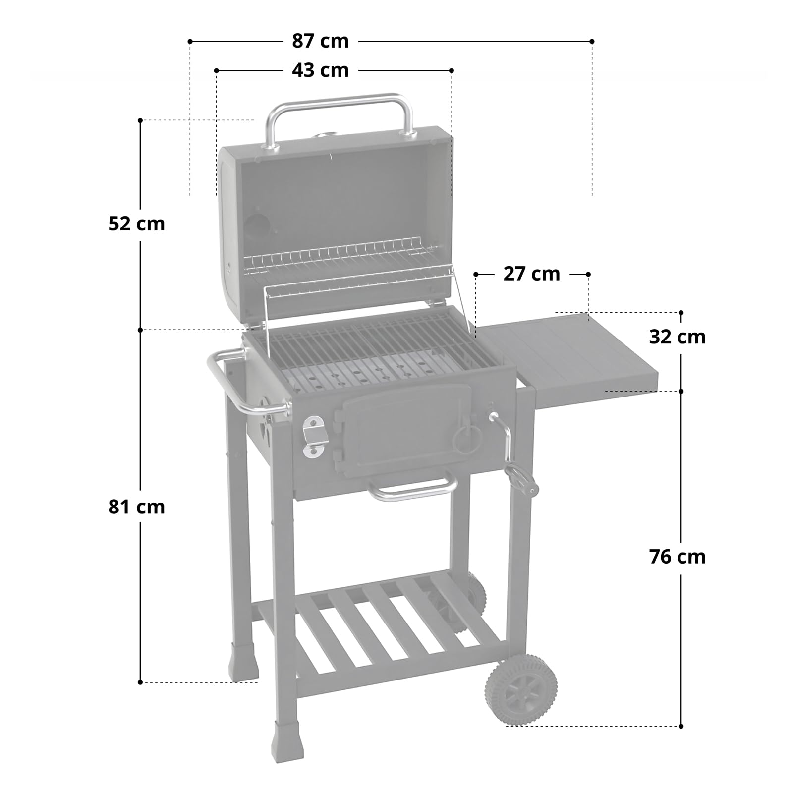 Schéma d'un barbecue au charbon de bois indiquant les dimensions en centimètres.