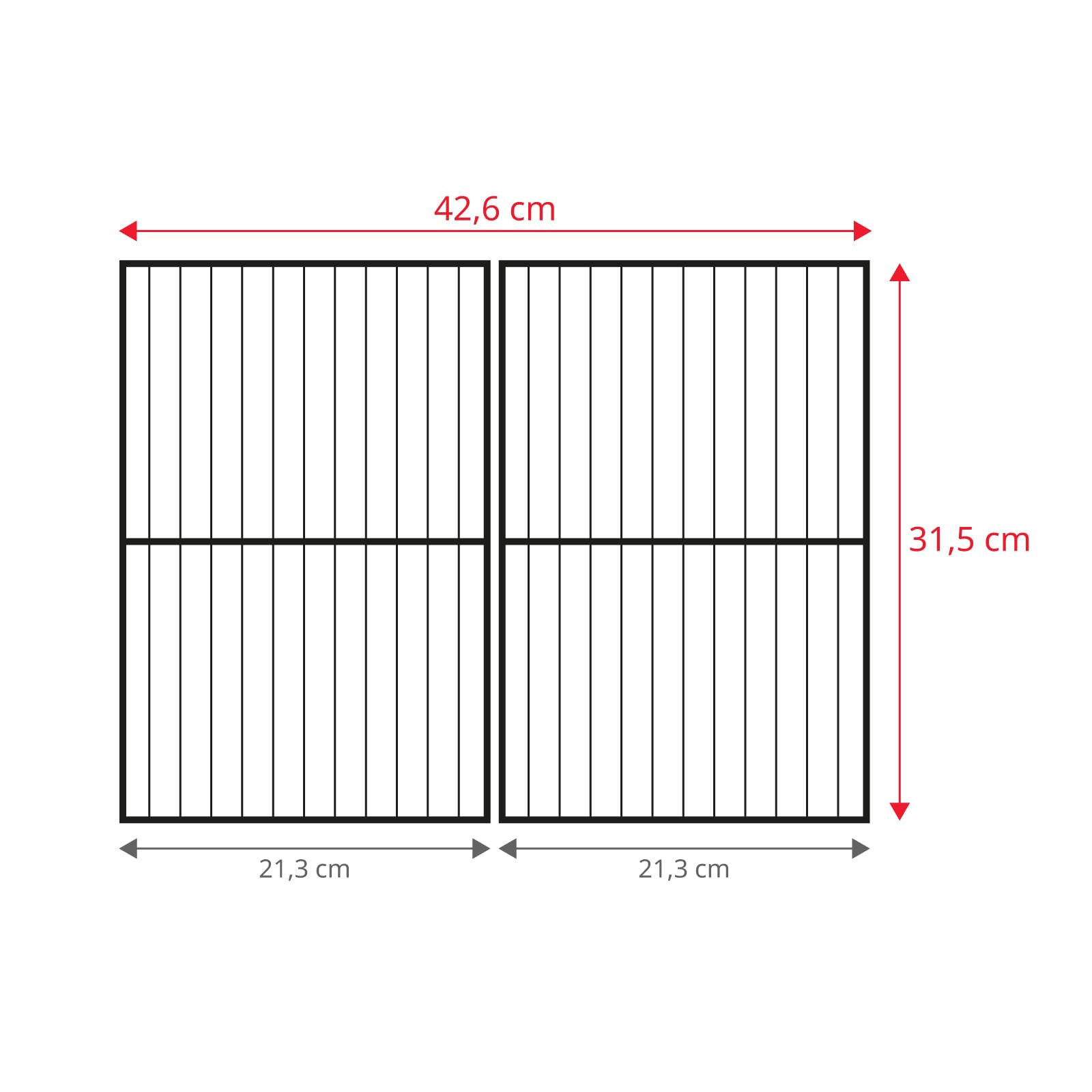 Schéma de deux étagères rectangulaires aux dimensions de 42,6 cm de large et 31,5 cm de haut.