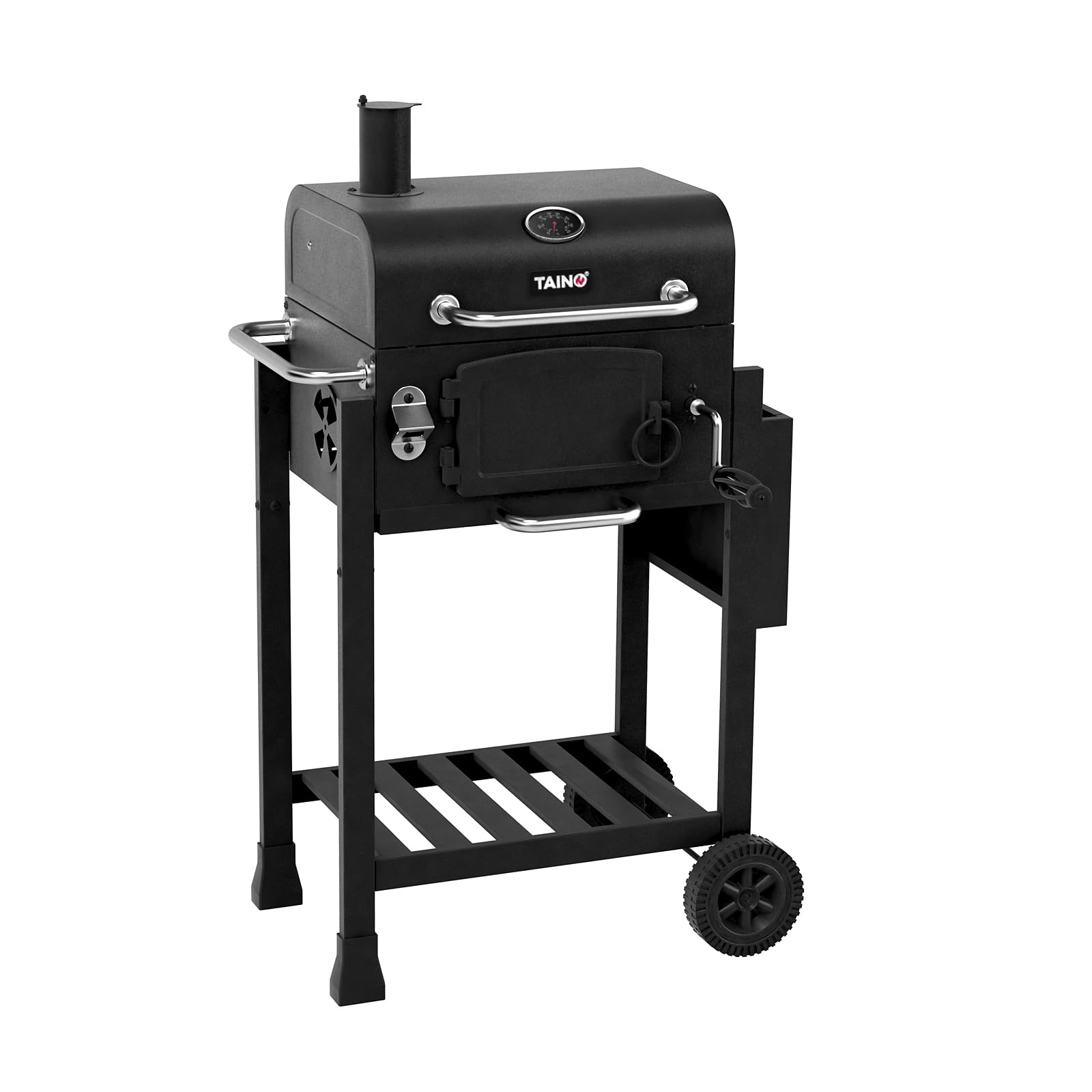 Un barbecue au charbon noir TAINO avec roues, thermomètre et étagère de rangement sur fond blanc.