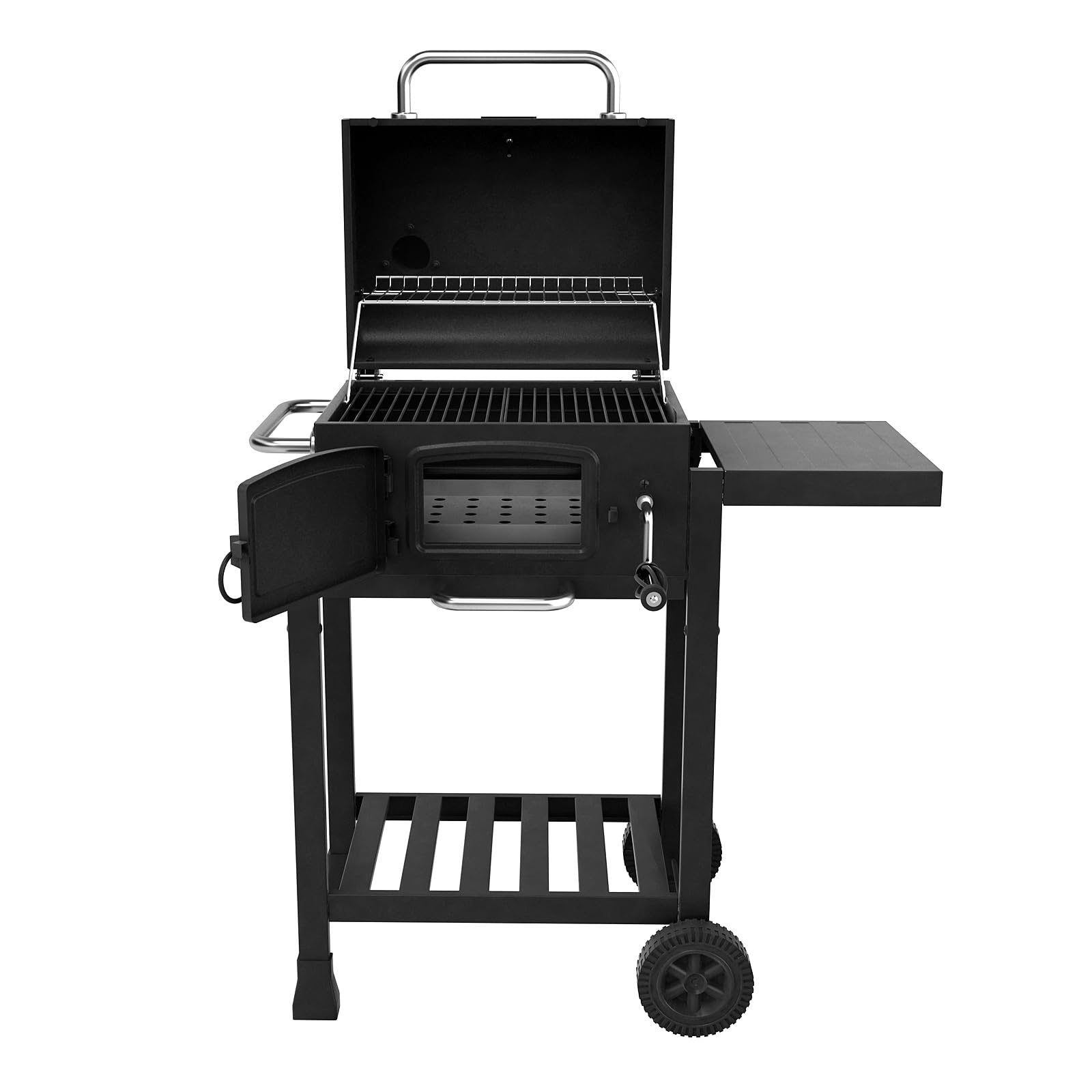 Un barbecue à charbon noir avec couvercle ouvert, étagère latérale, porte avant et roues sur fond blanc.