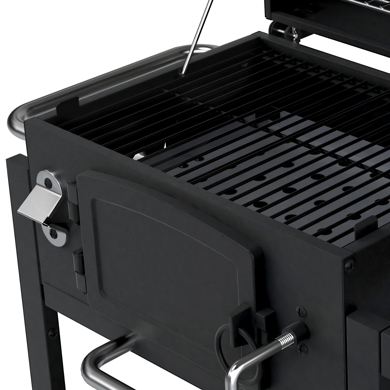 Un barbecue noir avec couvercle ouvert, grilles métalliques et décapsuleur sur le côté.