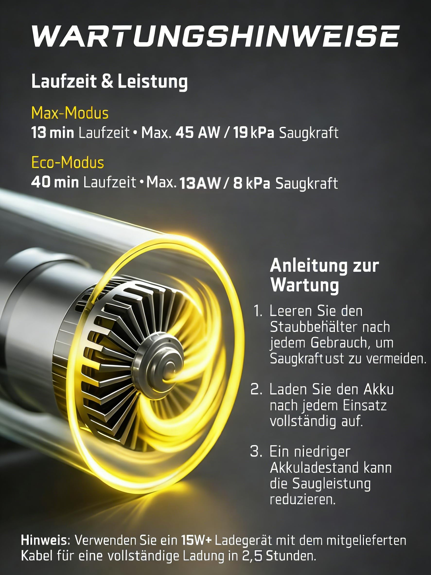 Infografik mit Wartungshinweisen, Laufzeit- und Leistungsdaten sowie Anleitungen für einen Staubsauger.