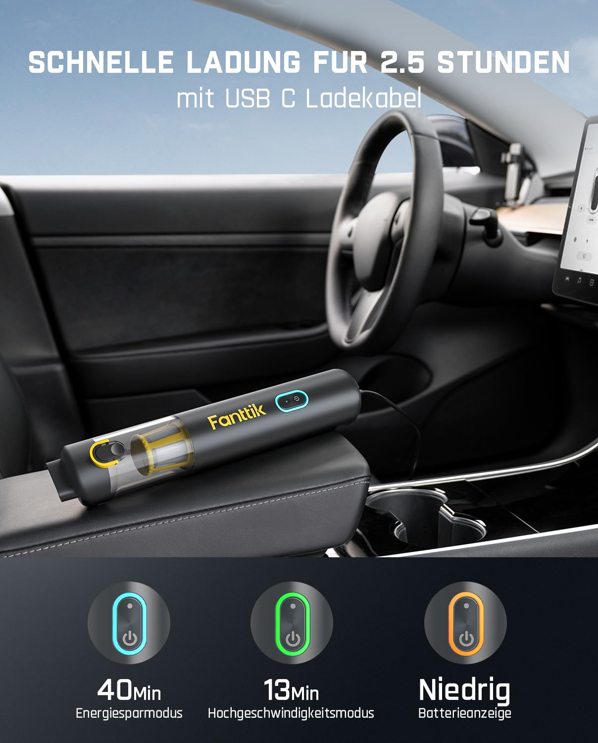 Handlicher schwarzer Fanttik Handstaubsauger liegt auf der Mittelkonsole eines Autos.