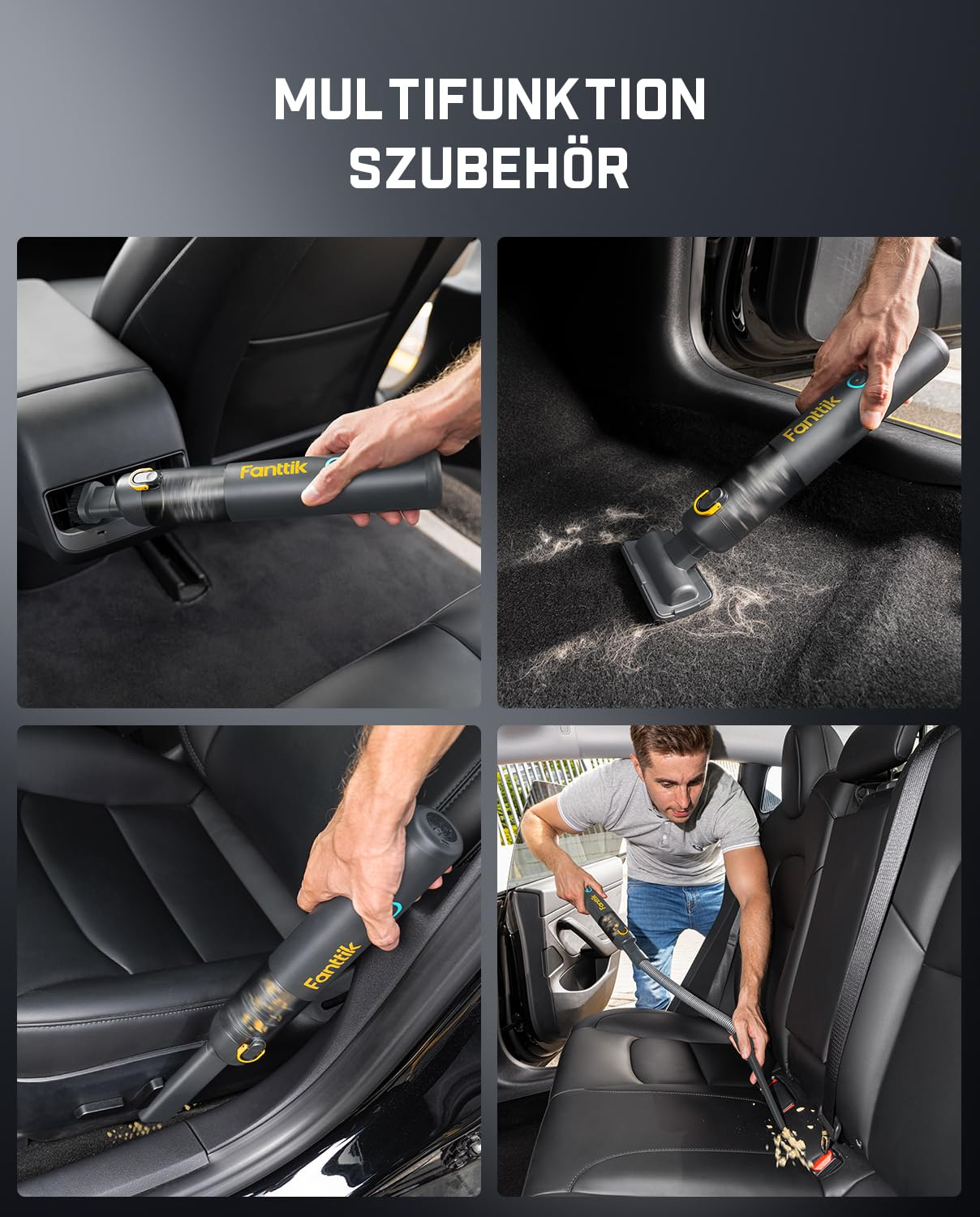 Ein Mann nutzt einen tragbaren schwarzen Fanttik Staubsauger im Auto.