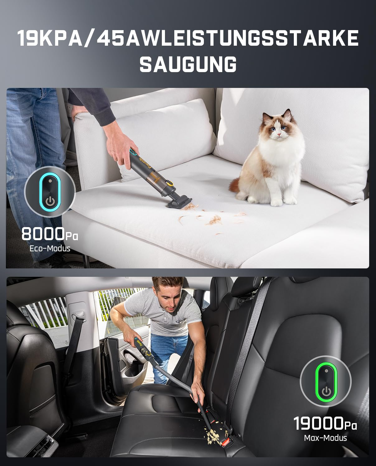 Ein Handstaubsauger reinigt ein weißes Sofa mit Katze und einen schwarzen Autositz.