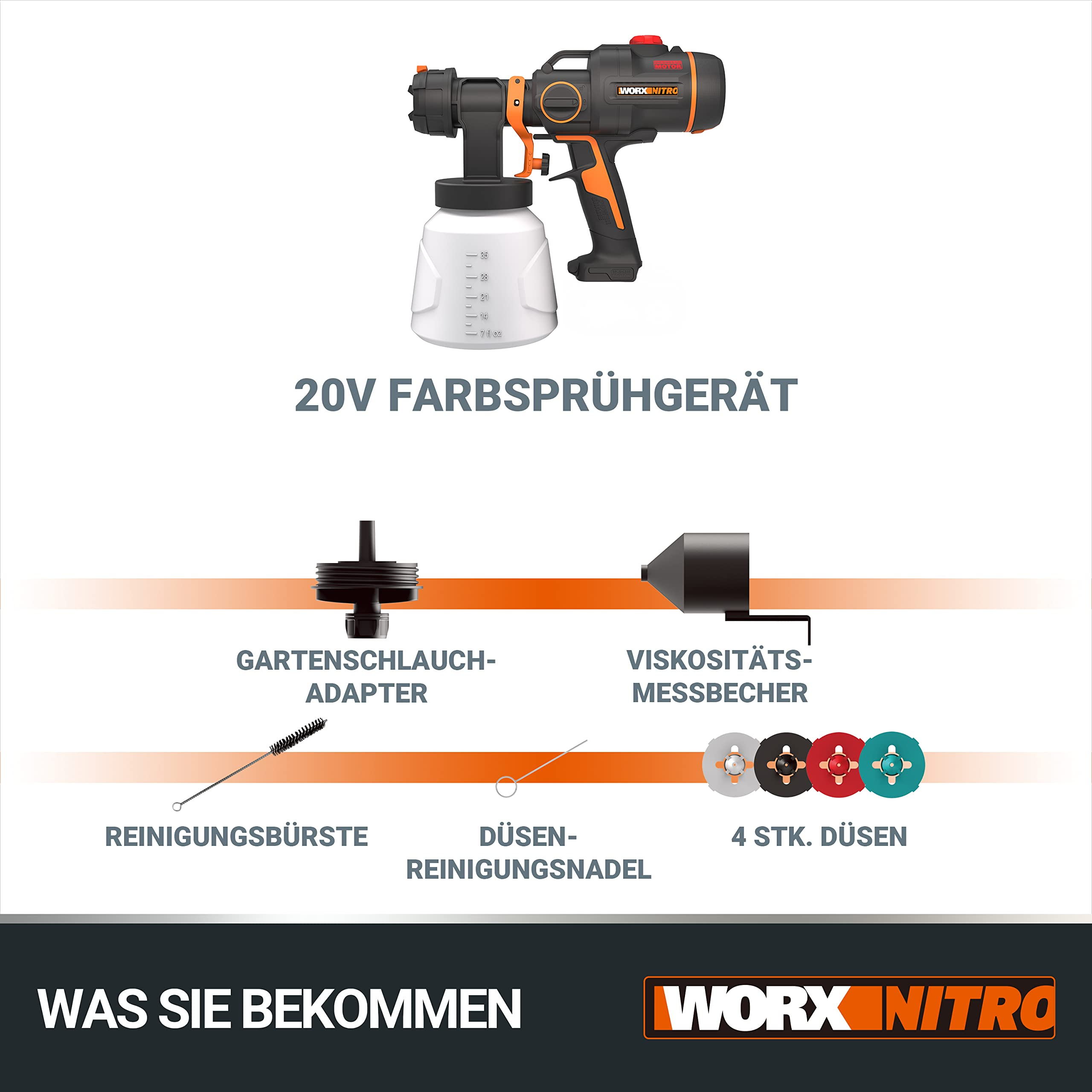 WORX NITRO 20V Farbsprühgerät mit Zubehör wie Adapter, Messbecher, Bürste, Nadel und vier Düsen.