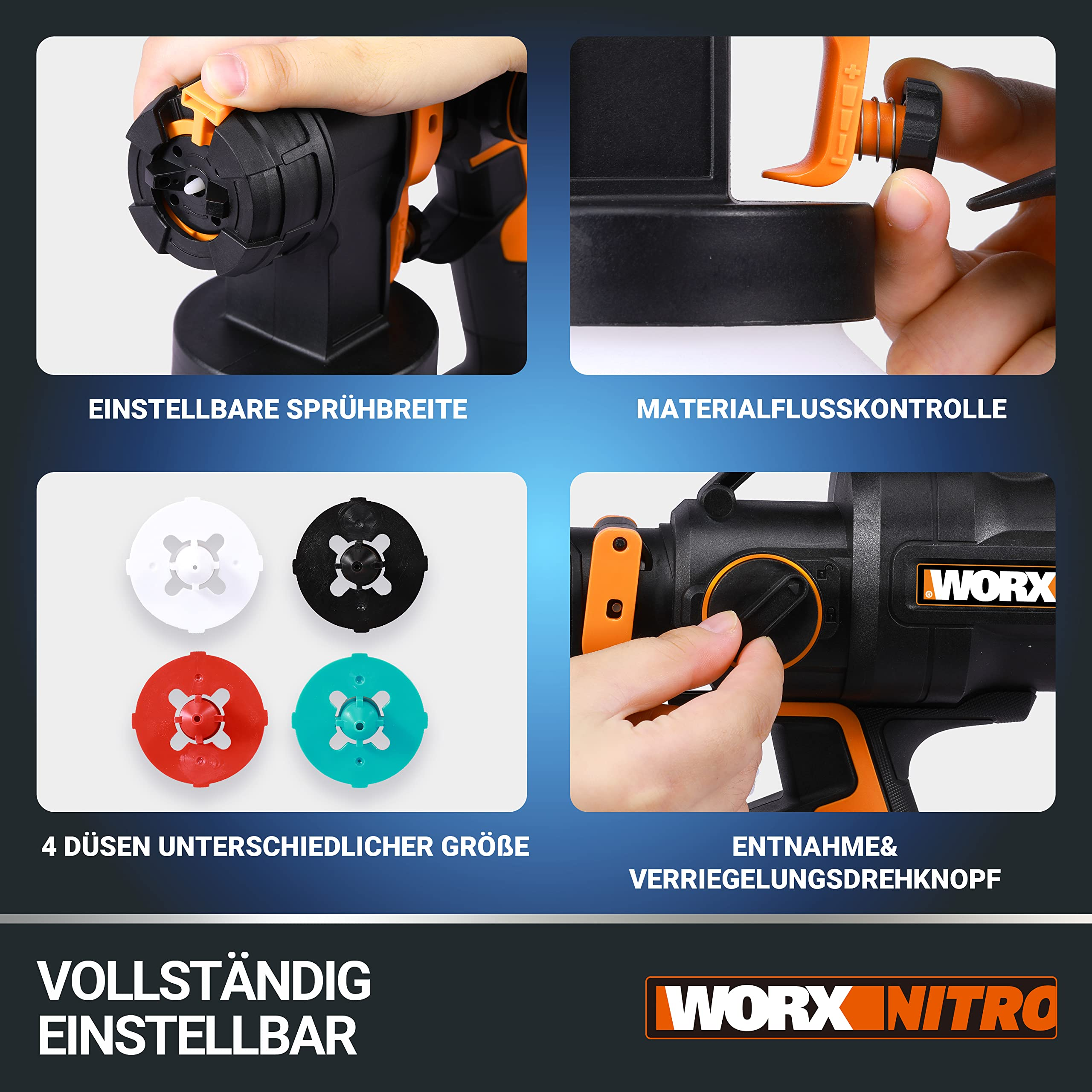 Vier Bilder zeigen die einstellbaren Funktionen einer Worx Spritzpistole: Sprühbreite, Materialfluss, 4 Düsen und Verriegelung.