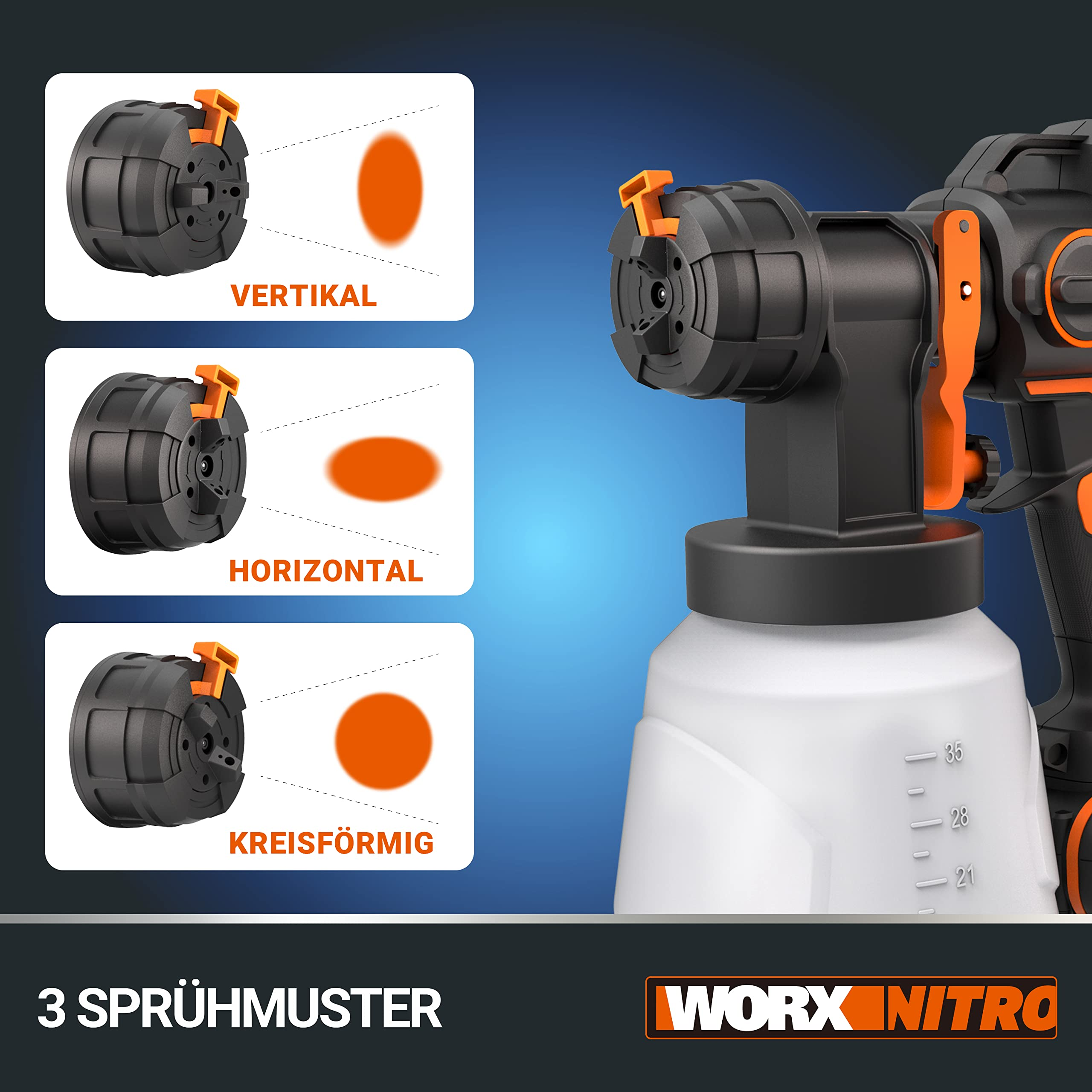 Eine Worx Nitro Farbspritzpistole zeigt drei Sprühmuster: vertikal, horizontal und kreisförmig.