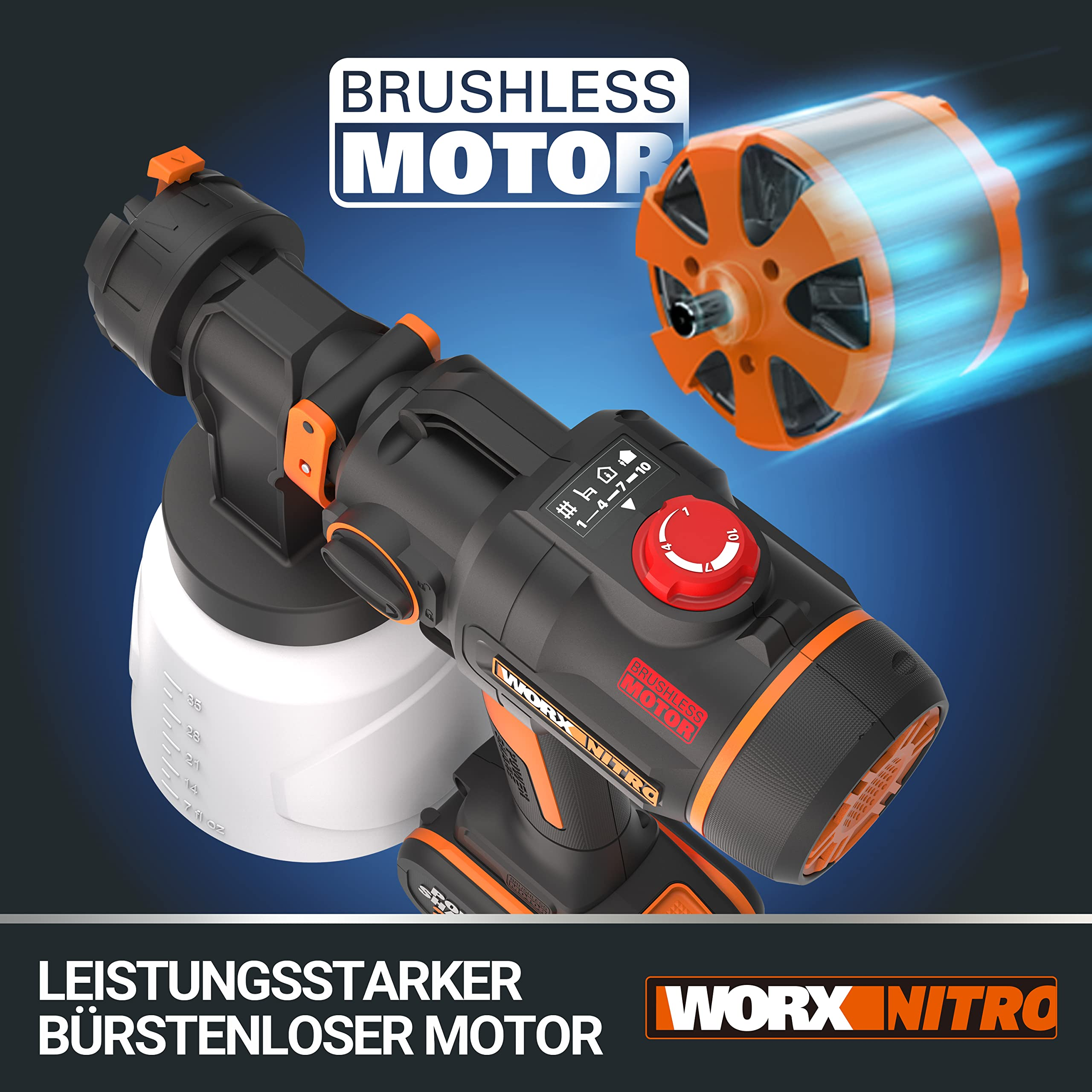 Schwarzes und oranges Worx Nitro Farbsprühsystem mit weißem Behälter und Grafik eines bürstenlosen Motors.