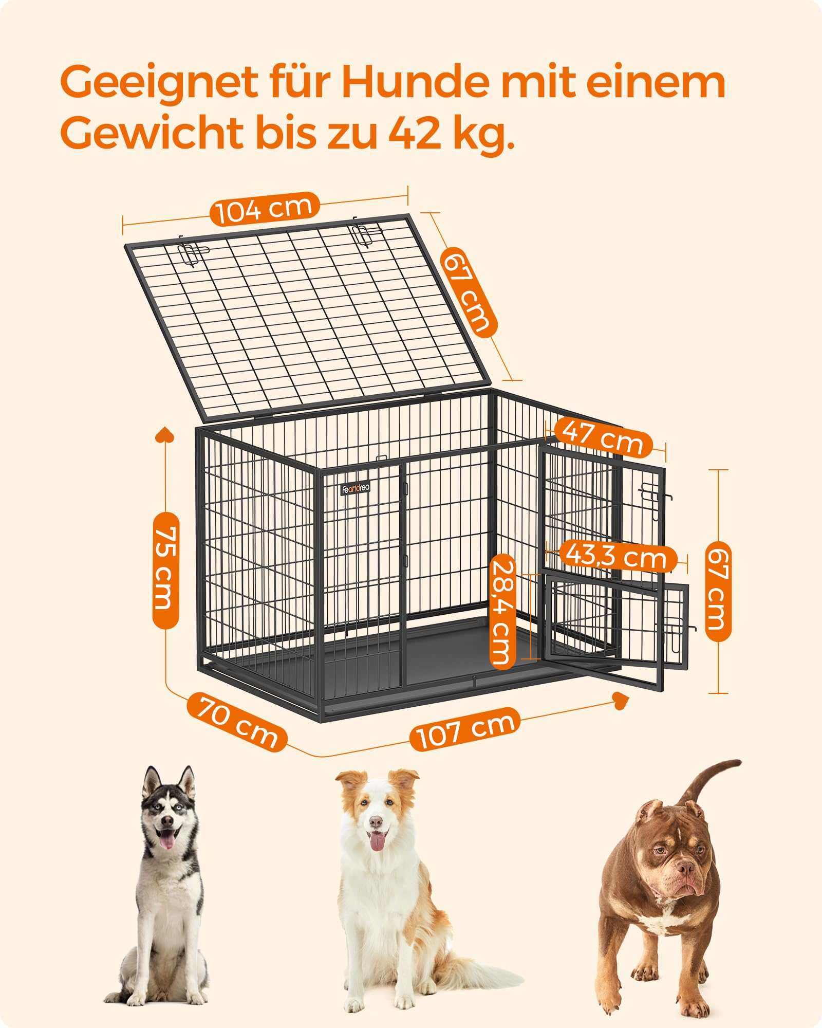 Schema di una gabbia per cani in metallo nero con misure e tre cani in basso.