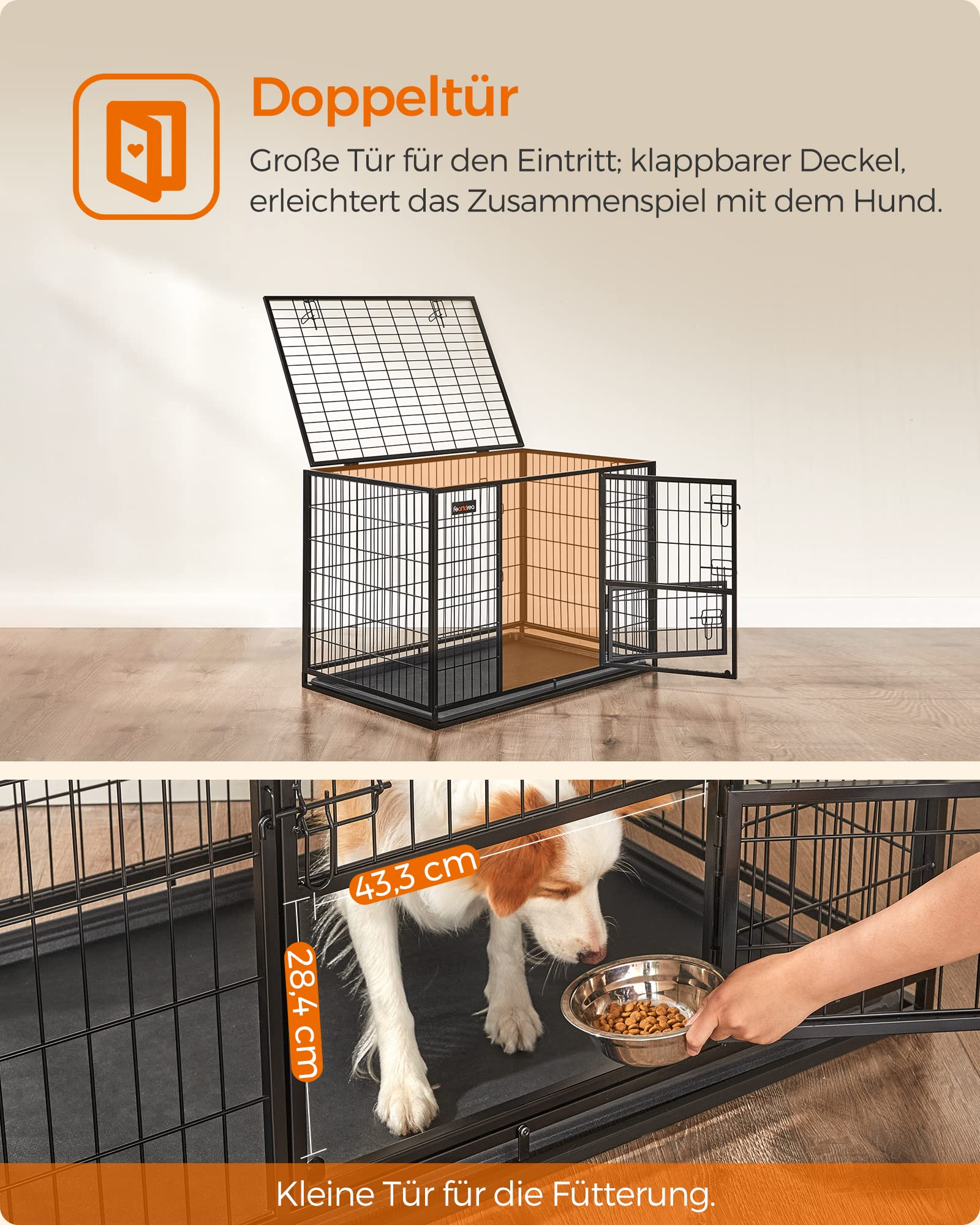 Una gabbia nera per cani con grande doppia porta, coperchio superiore e sportello per cibo.