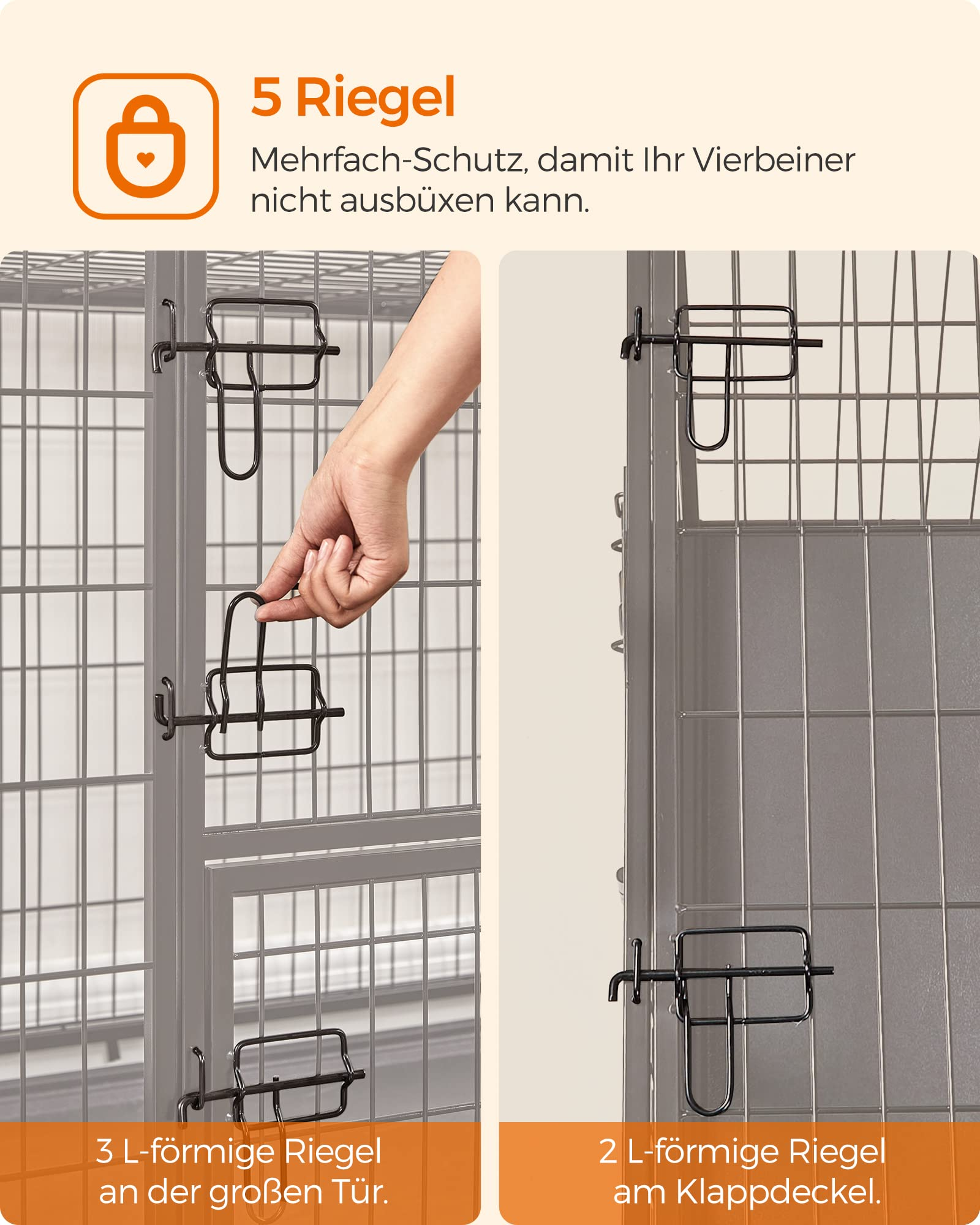 Un'immagine con testo mostra cinque chiusure su una gabbia per cani per evitare fughe.