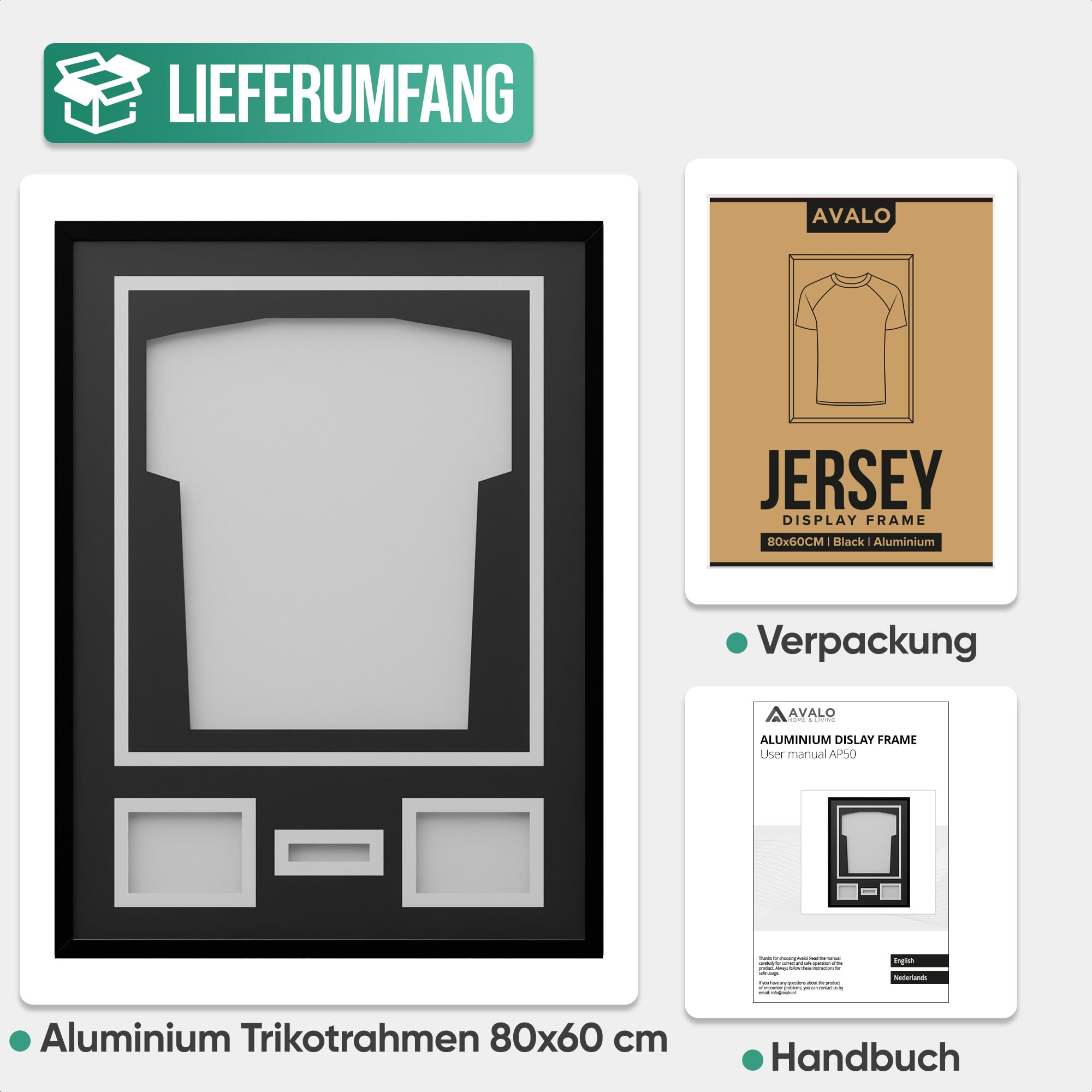 Aluminium Trikotrahmen mit Zubehoer, Verpackung und Handbuch.