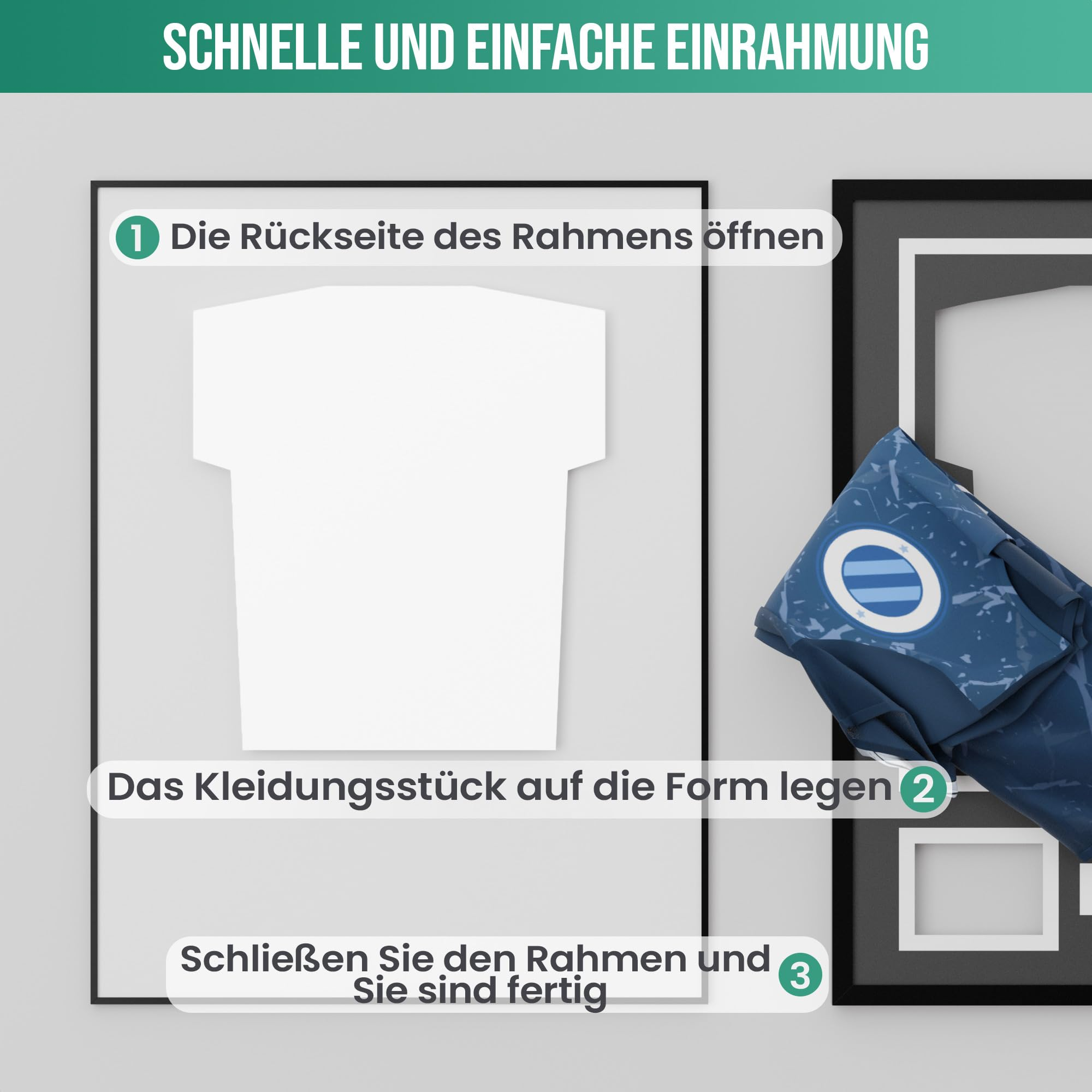 Anleitung zur schnellen Trikoteinrahmung in drei Schritten mit Bild und Text auf weißem Hintergrund.